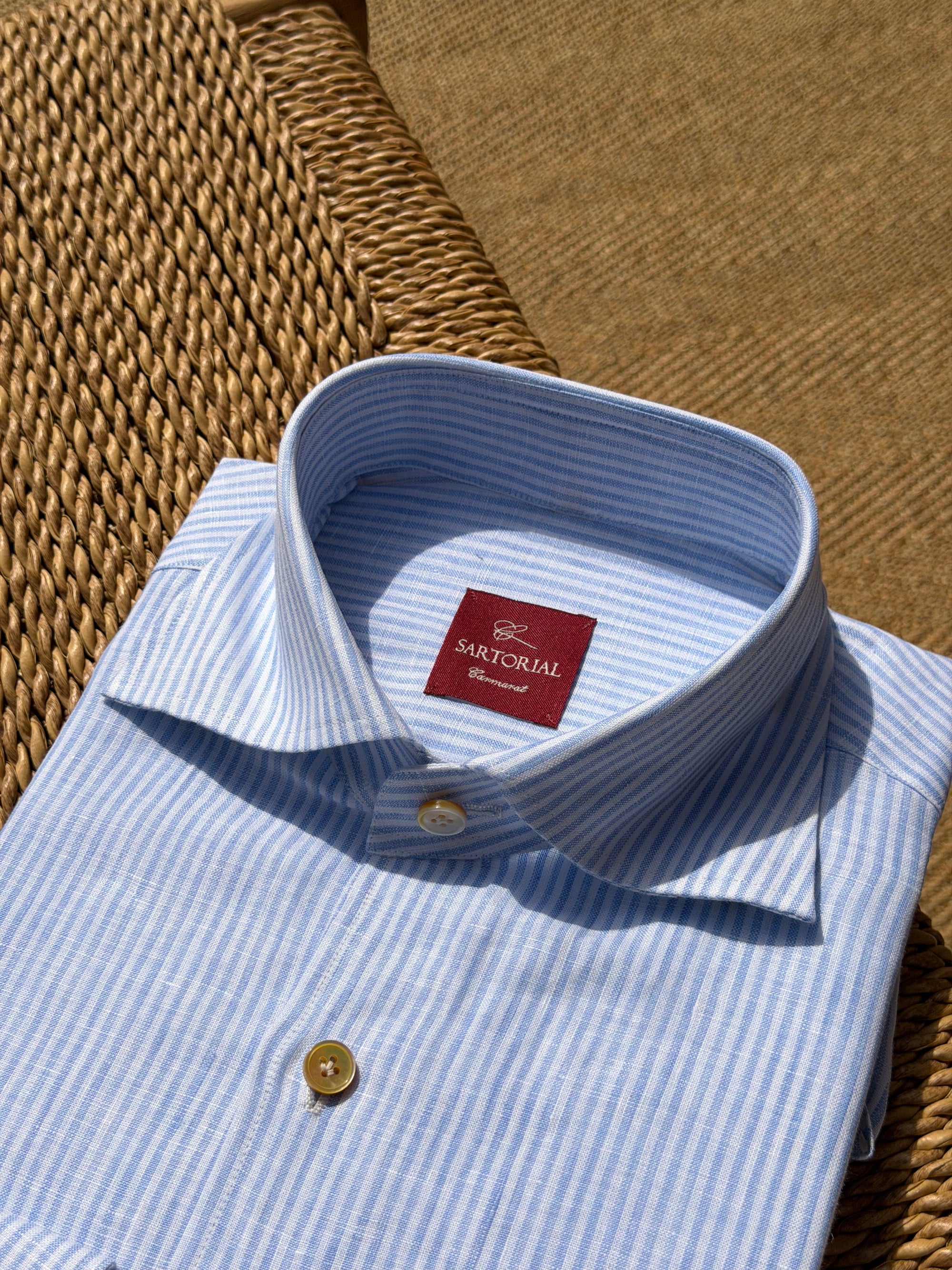 MTO Handcrafted Monti Burgundy Stripe / Pale Blue Stripe Linen Shirt #70 #73
