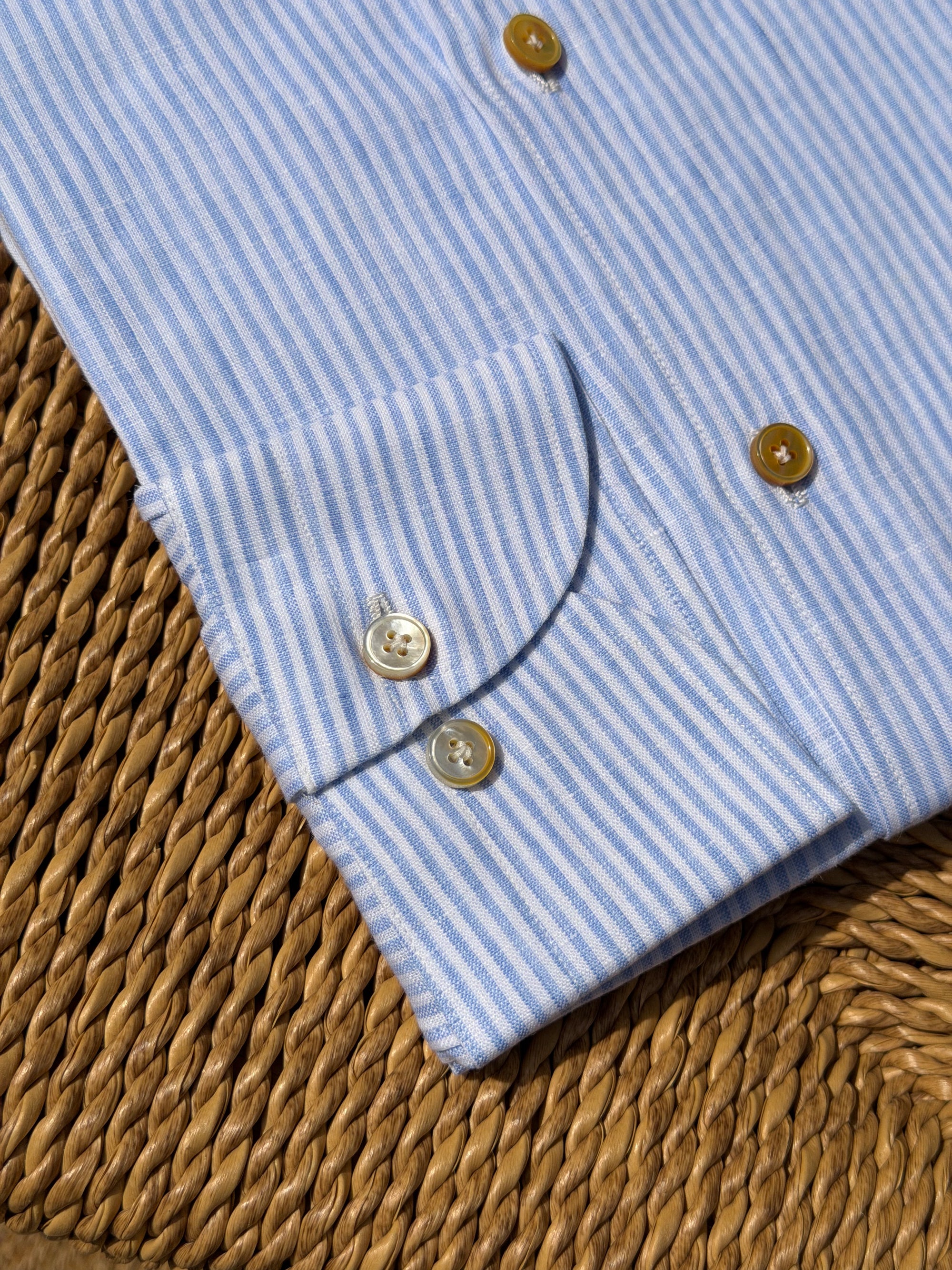 MTO Handcrafted Monti Burgundy Stripe / Pale Blue Stripe Linen Shirt #70 #73