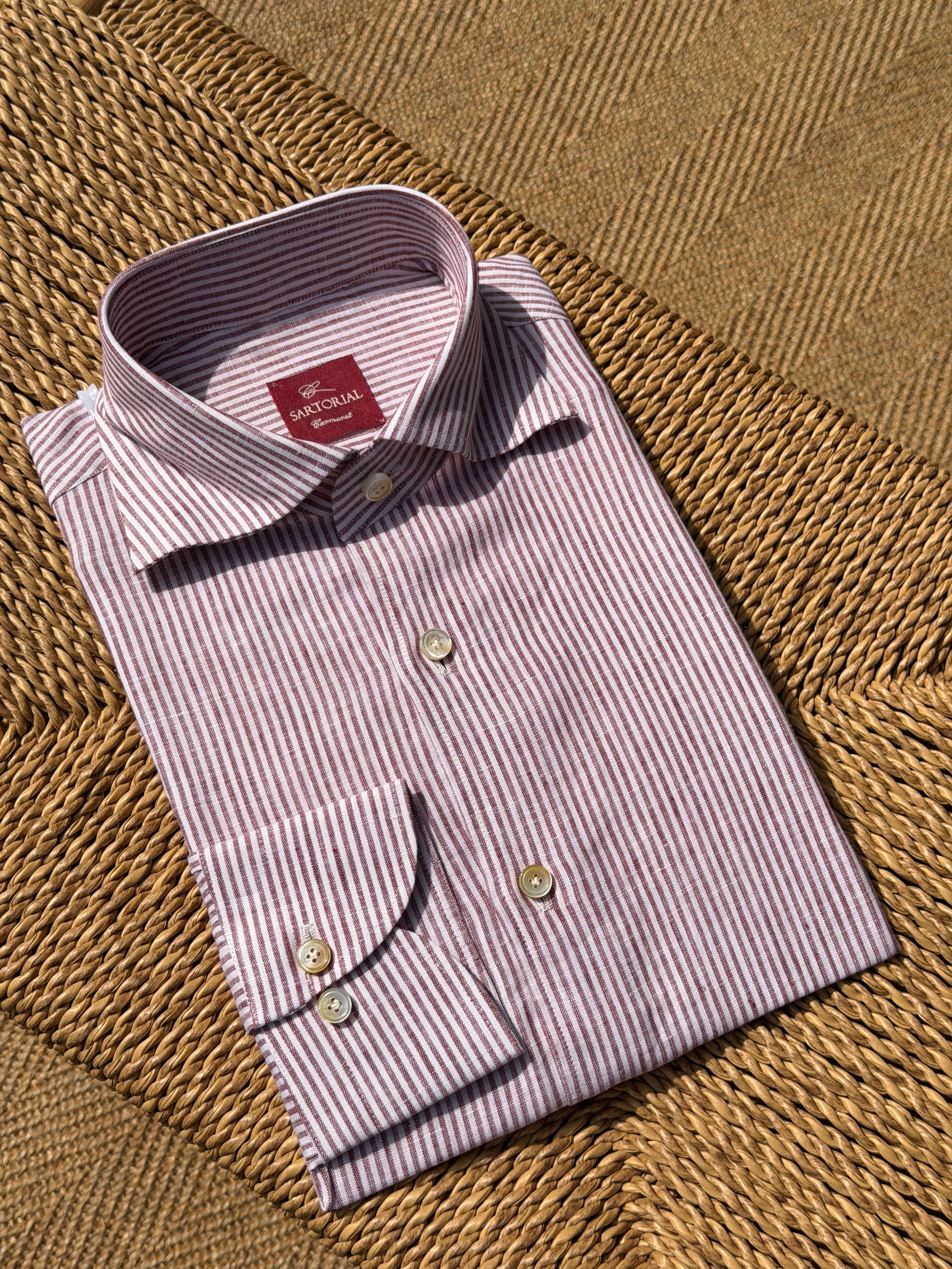 MTO Handcrafted Monti Burgundy Stripe / Pale Blue Stripe Linen Shirt #70 #73
