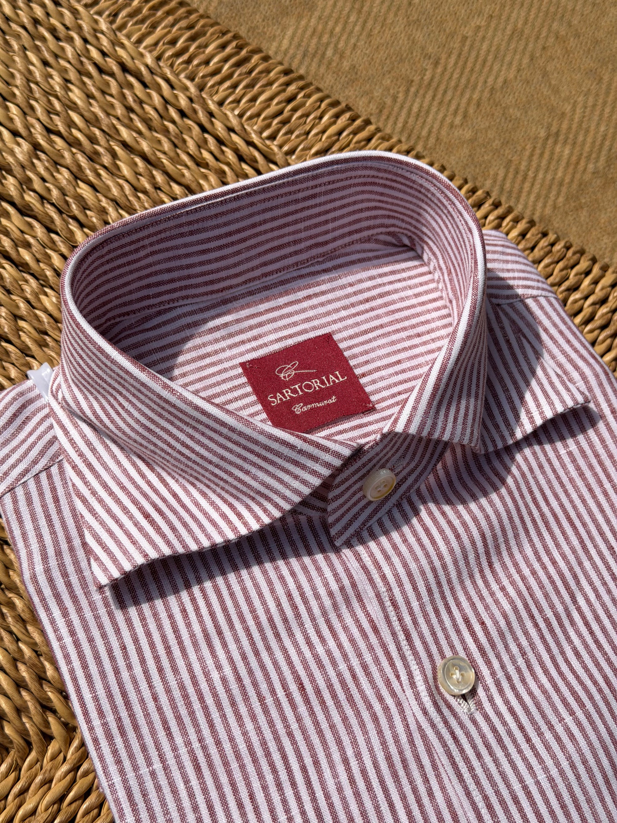 MTO Handcrafted Monti Burgundy Stripe / Pale Blue Stripe Linen Shirt #70 #73