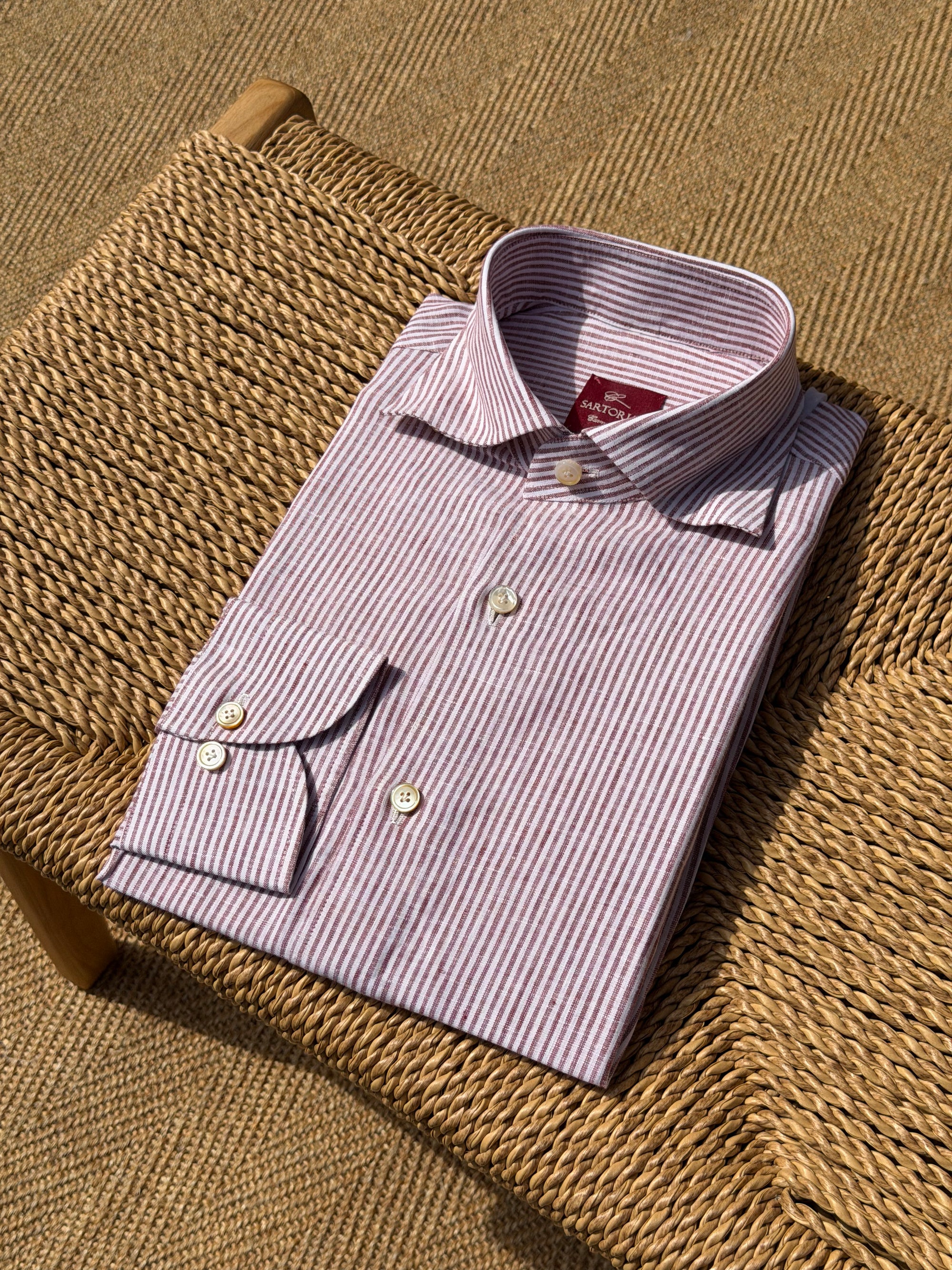 MTO Handcrafted Monti Burgundy Stripe / Pale Blue Stripe Linen Shirt #70 #73