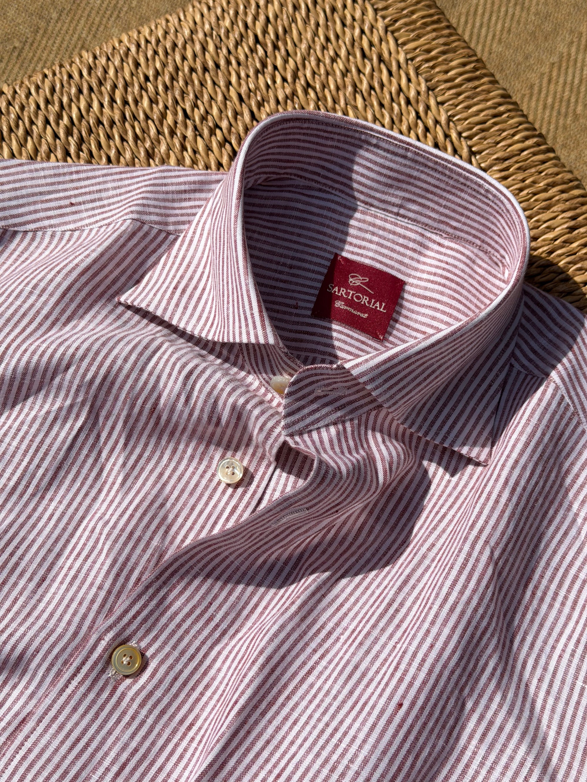MTO Handcrafted Monti Burgundy Stripe / Pale Blue Stripe Linen Shirt #70 #73