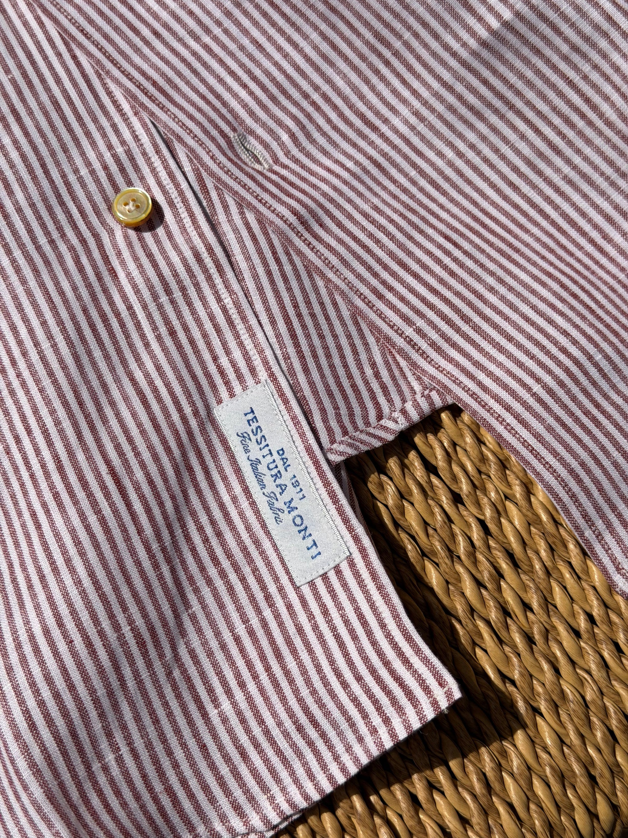 MTO Handcrafted Monti Burgundy Stripe / Pale Blue Stripe Linen Shirt #70 #73