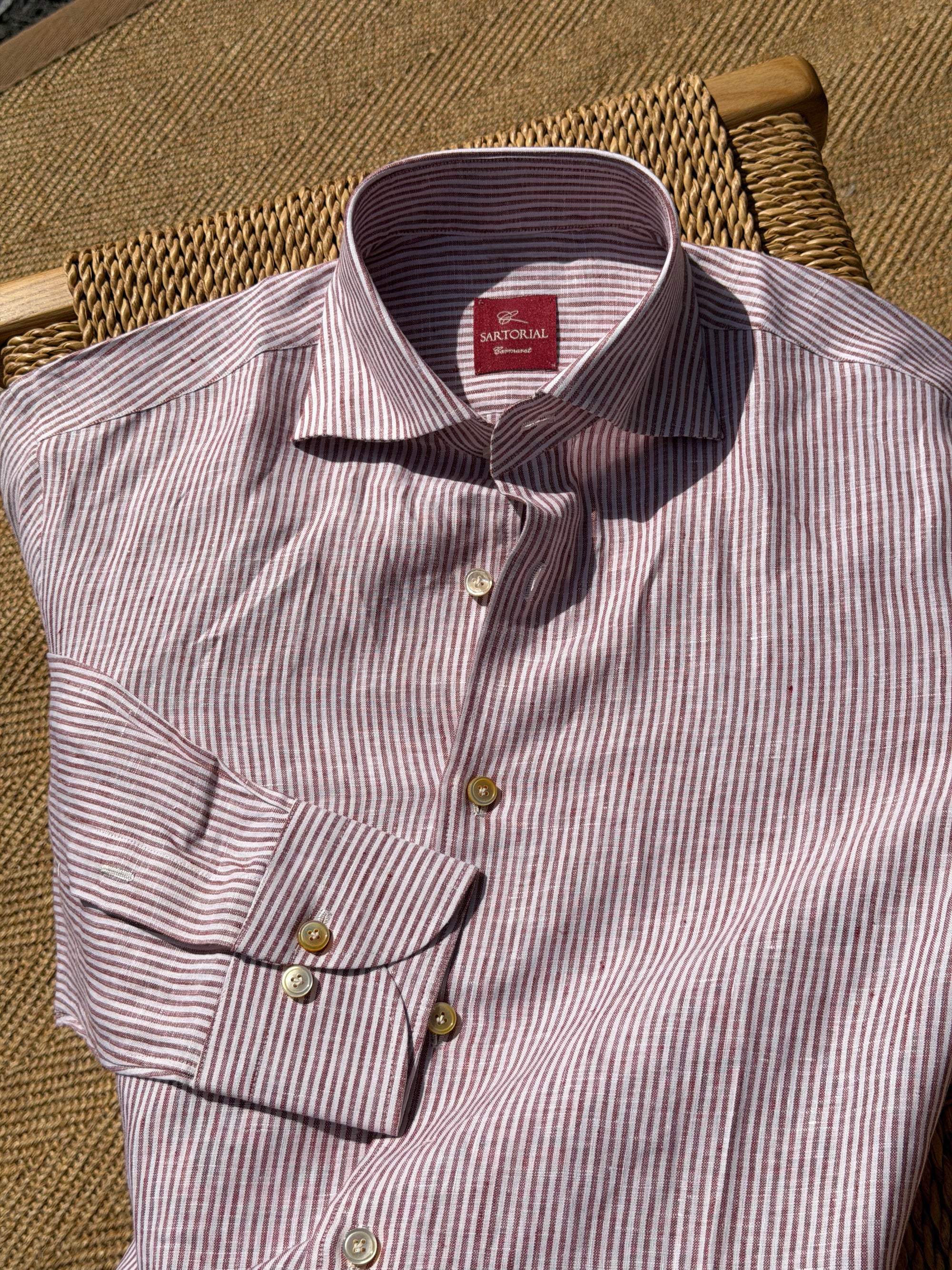 MTO Handcrafted Monti Burgundy Stripe / Pale Blue Stripe Linen Shirt #70 #73