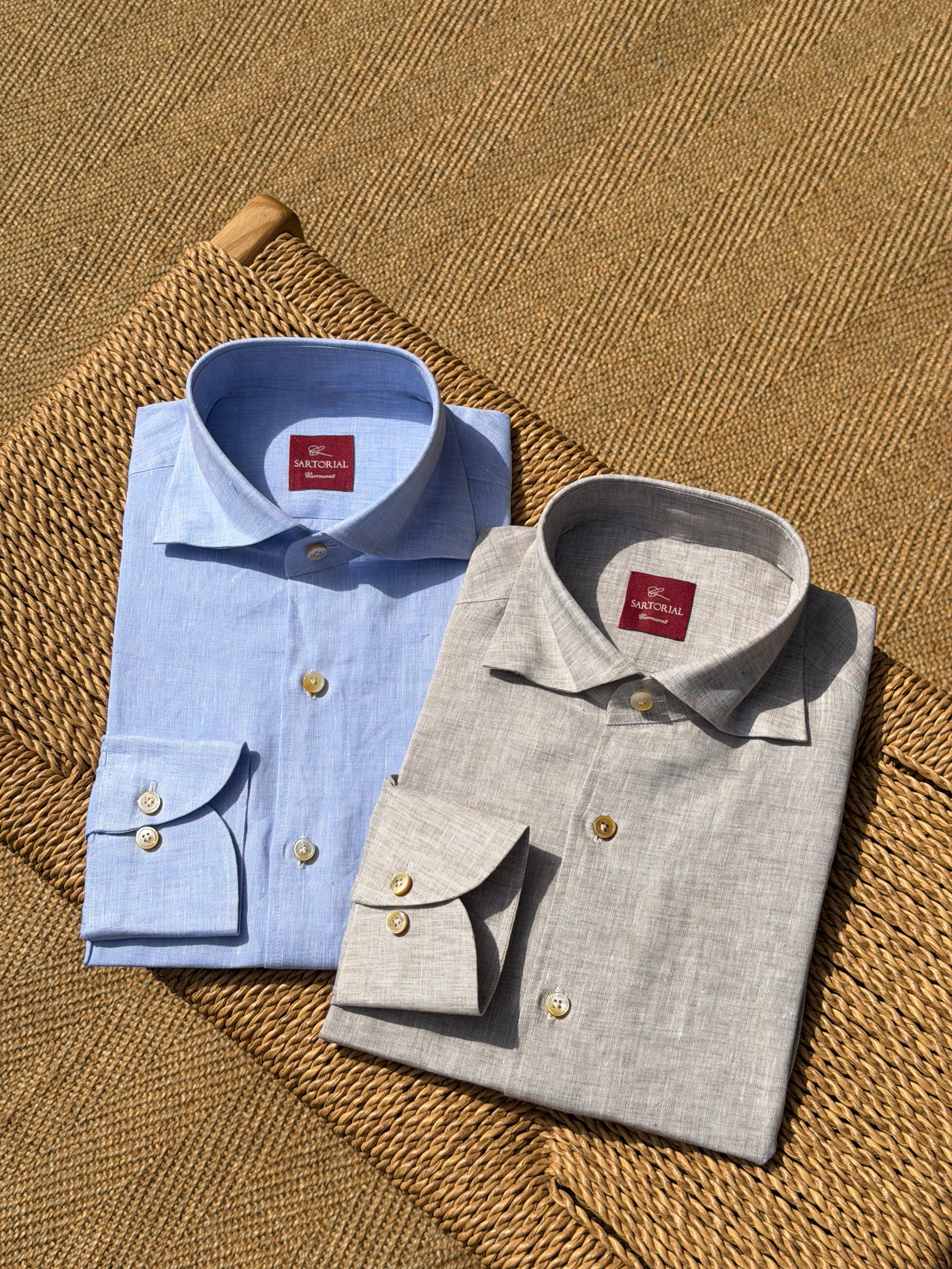 MTO Handcrafted Canclini Stone Green / Pale Blue Linen Shirt #67 #69