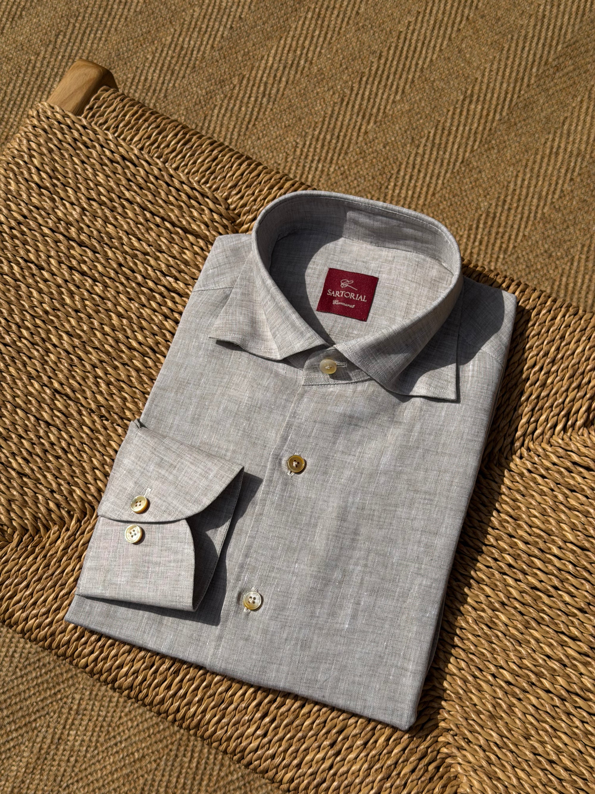 MTO Handcrafted Canclini Stone Green / Pale Blue Linen Shirt #67 #69