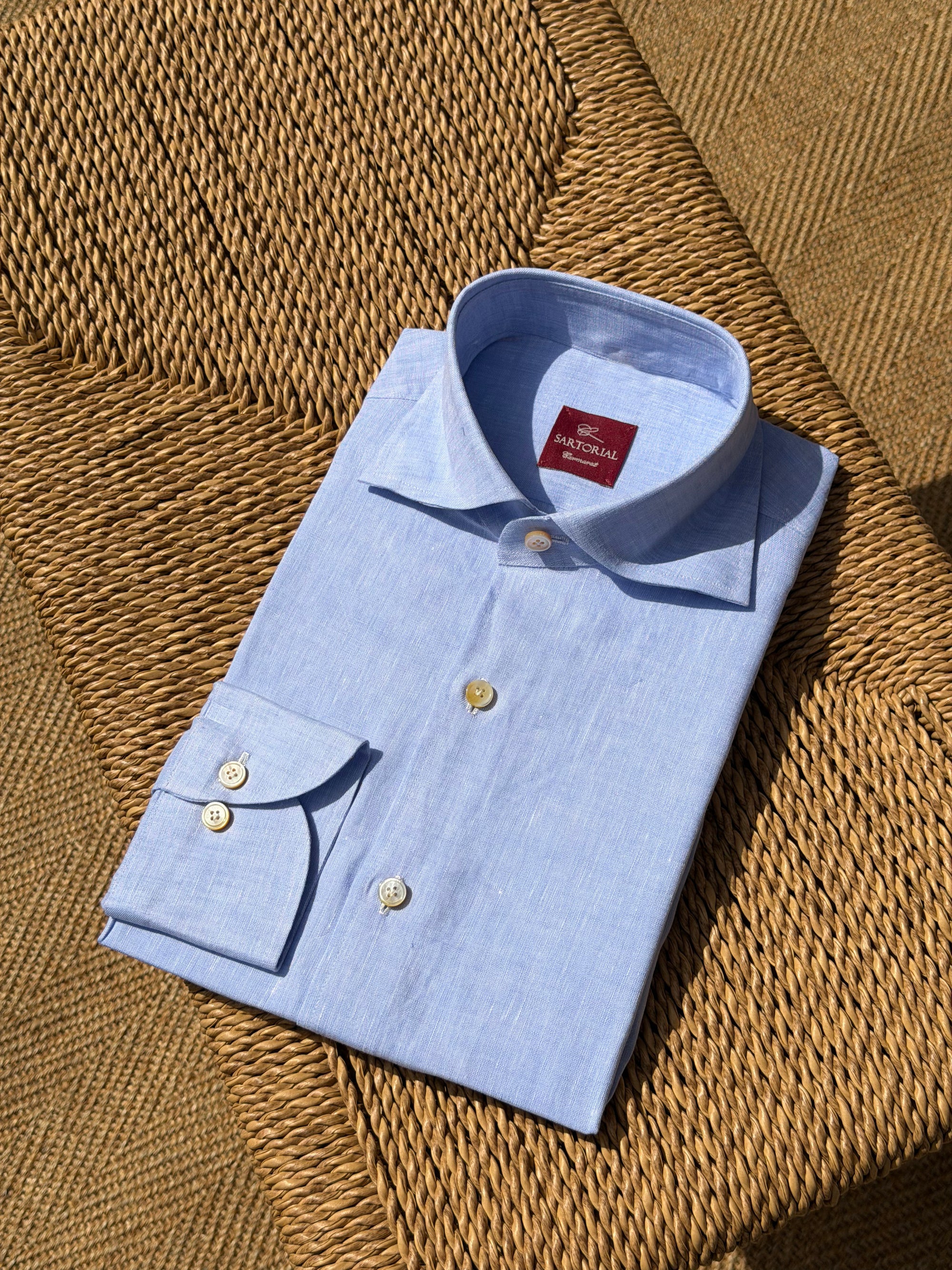 MTO Handcrafted Canclini Stone Green / Pale Blue Linen Shirt #67 #69