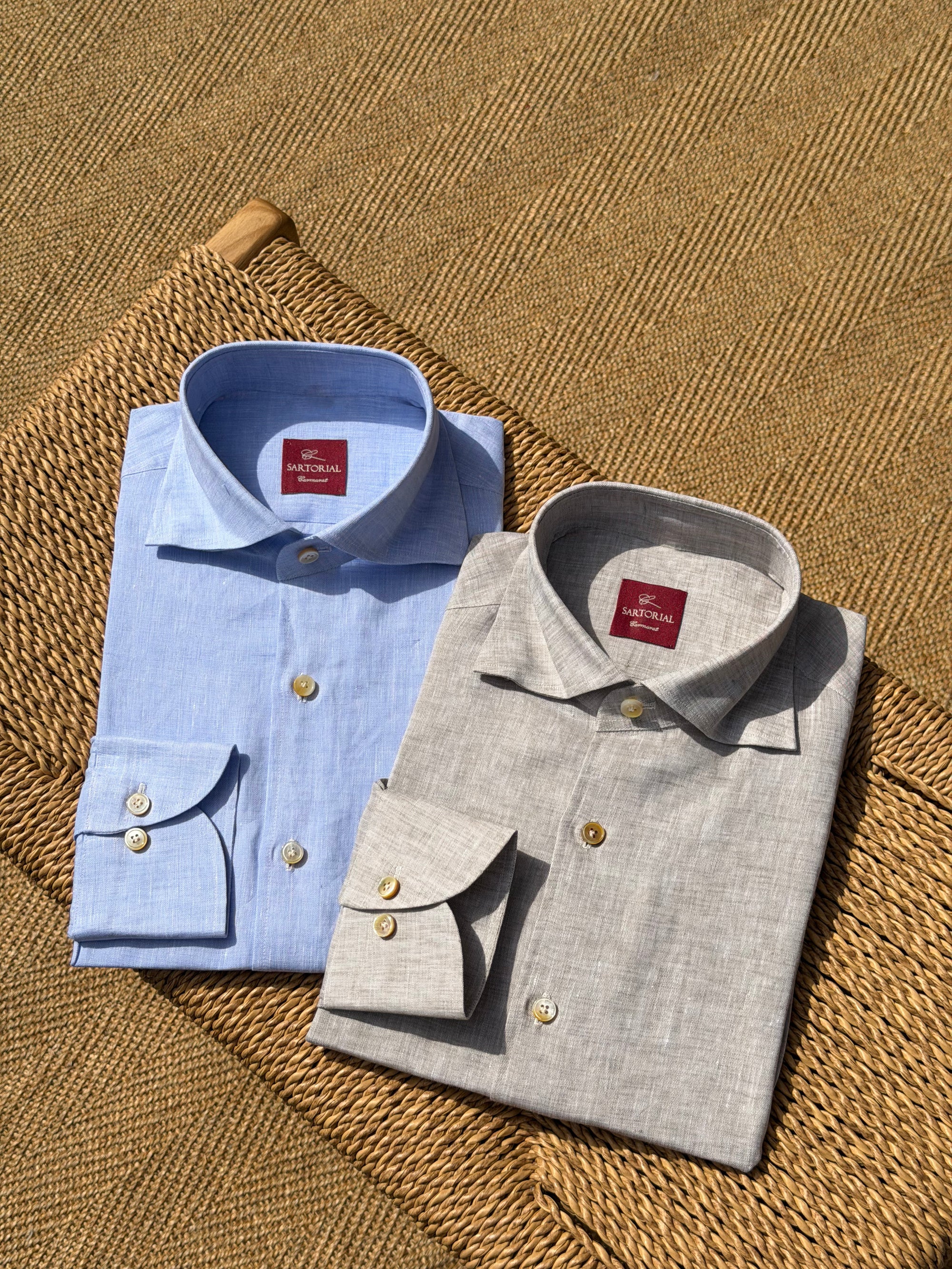 MTO Handcrafted Canclini Stone Green / Pale Blue Linen Shirt #67 #69