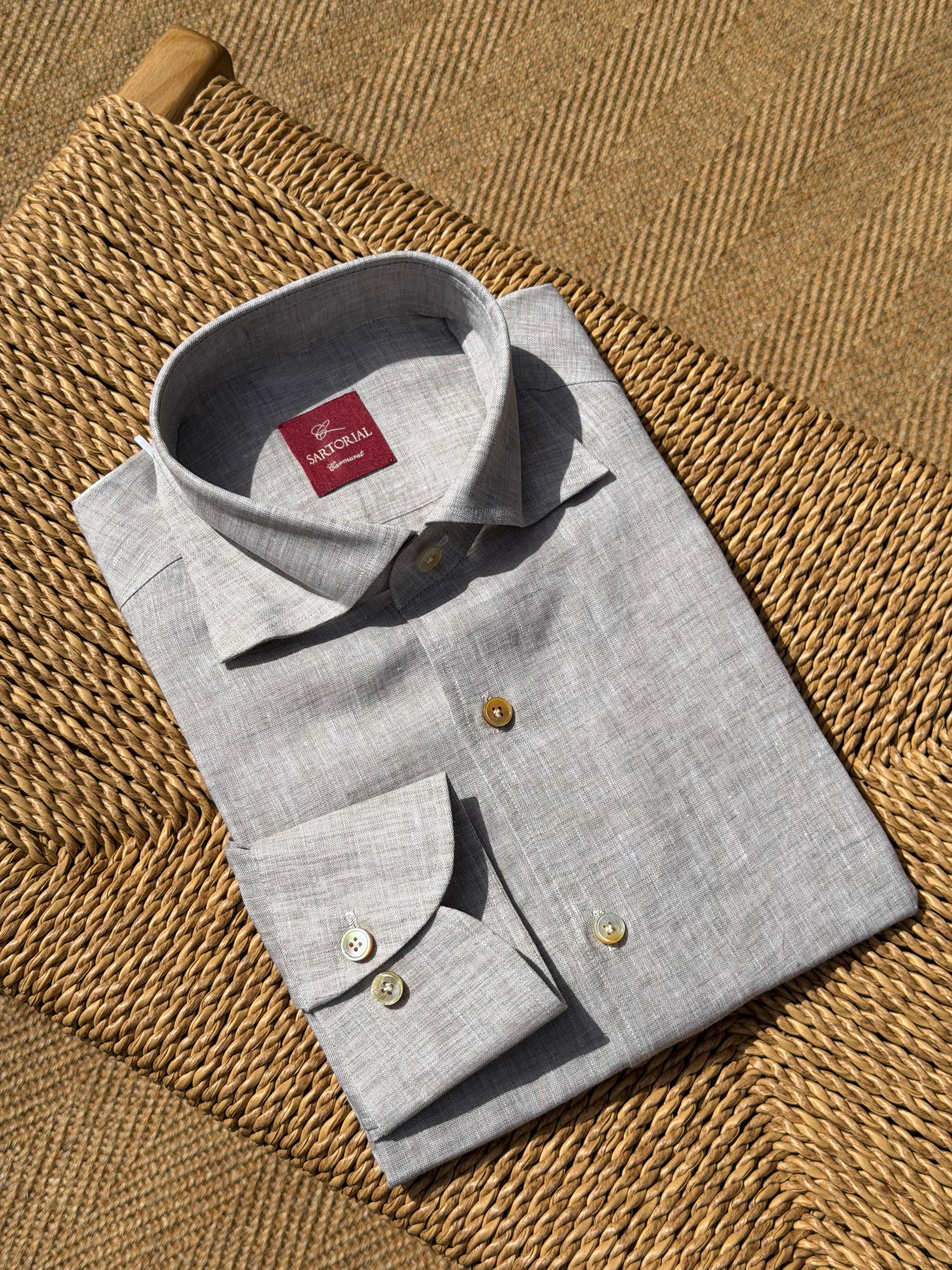 MTO Handcrafted Canclini Stone Green / Pale Blue Linen Shirt #67 #69