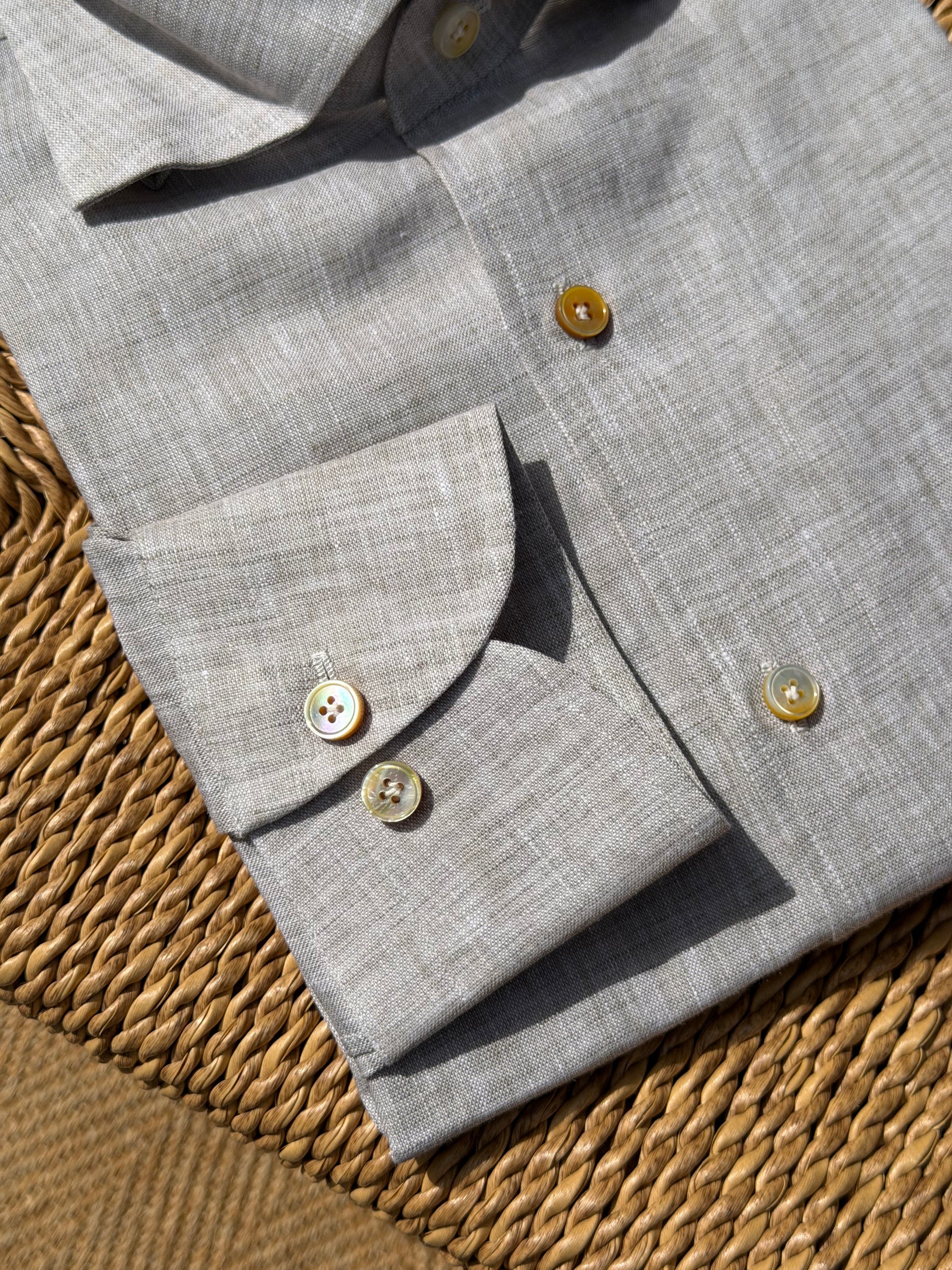 MTO Handcrafted Canclini Stone Green / Pale Blue Linen Shirt #67 #69