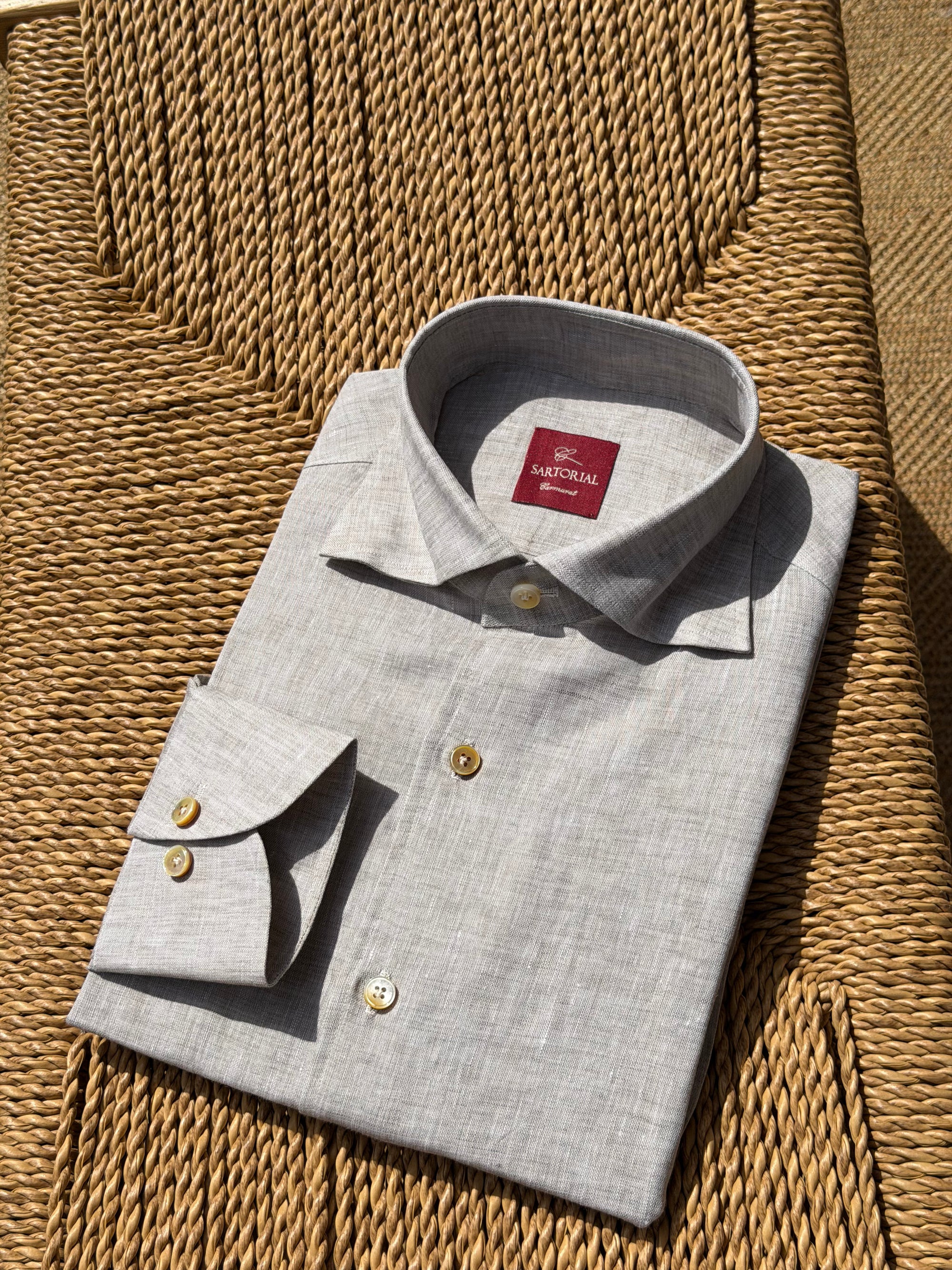 MTO Handcrafted Canclini Stone Green / Pale Blue Linen Shirt #67 #69