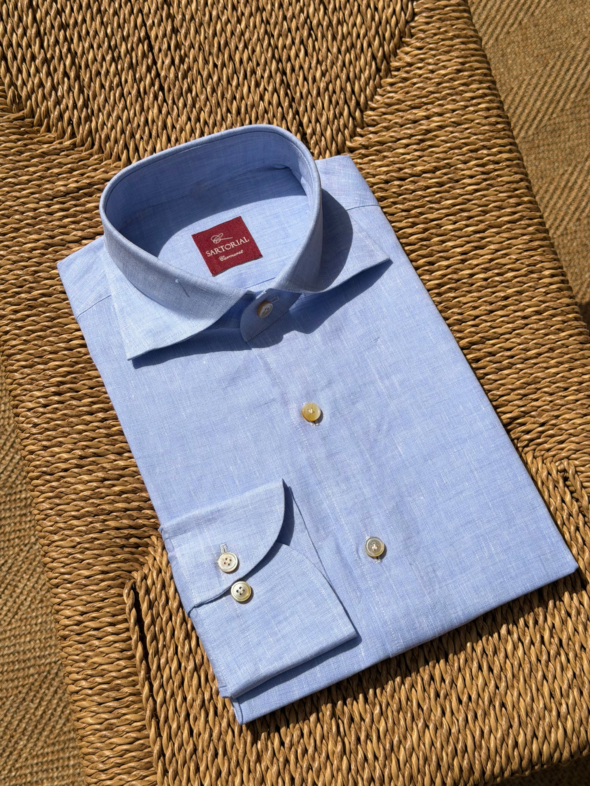 MTO Handcrafted Canclini Stone Green / Pale Blue Linen Shirt #67 #69