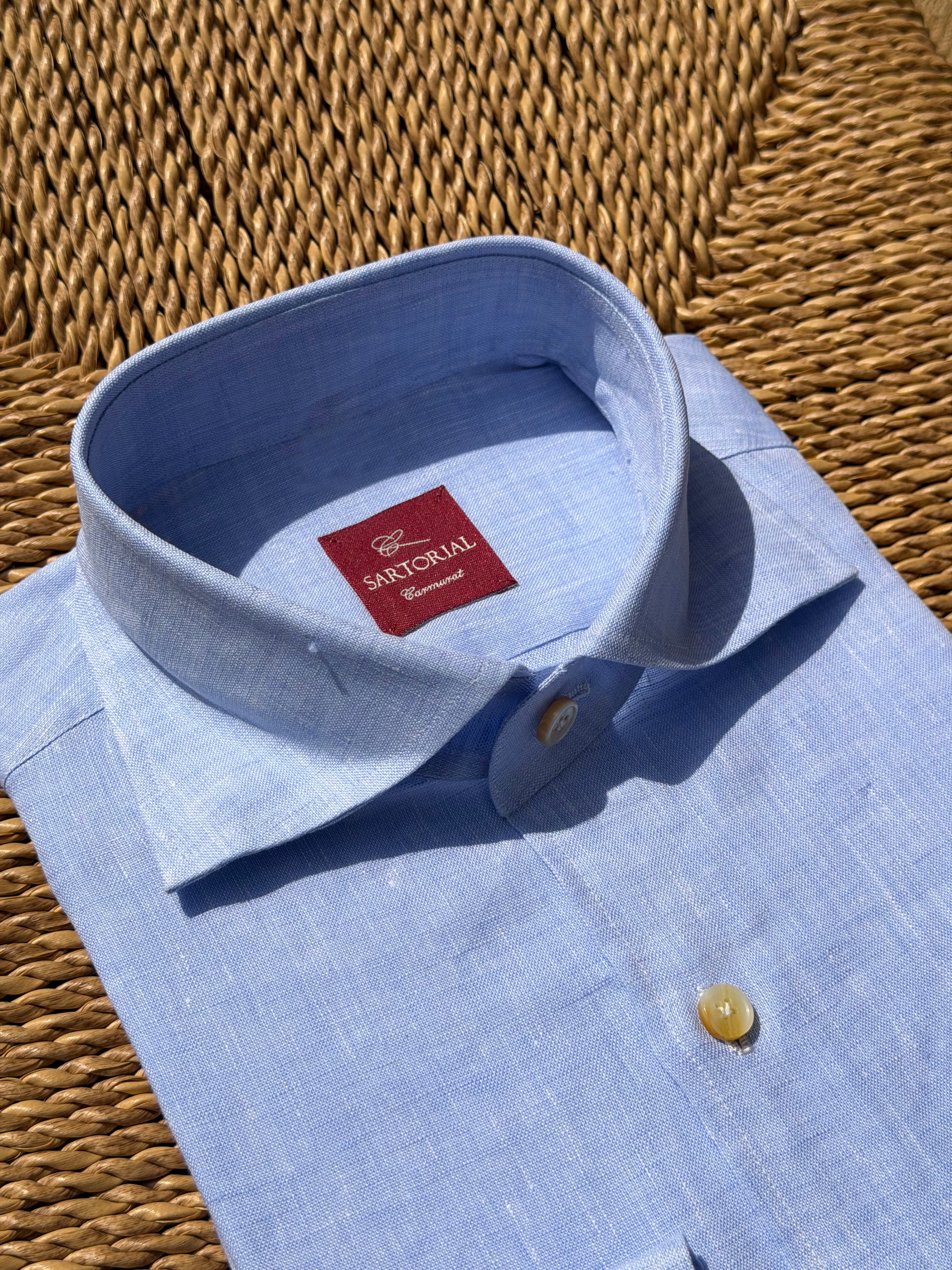 MTO Handcrafted Canclini Stone Green / Pale Blue Linen Shirt #67 #69