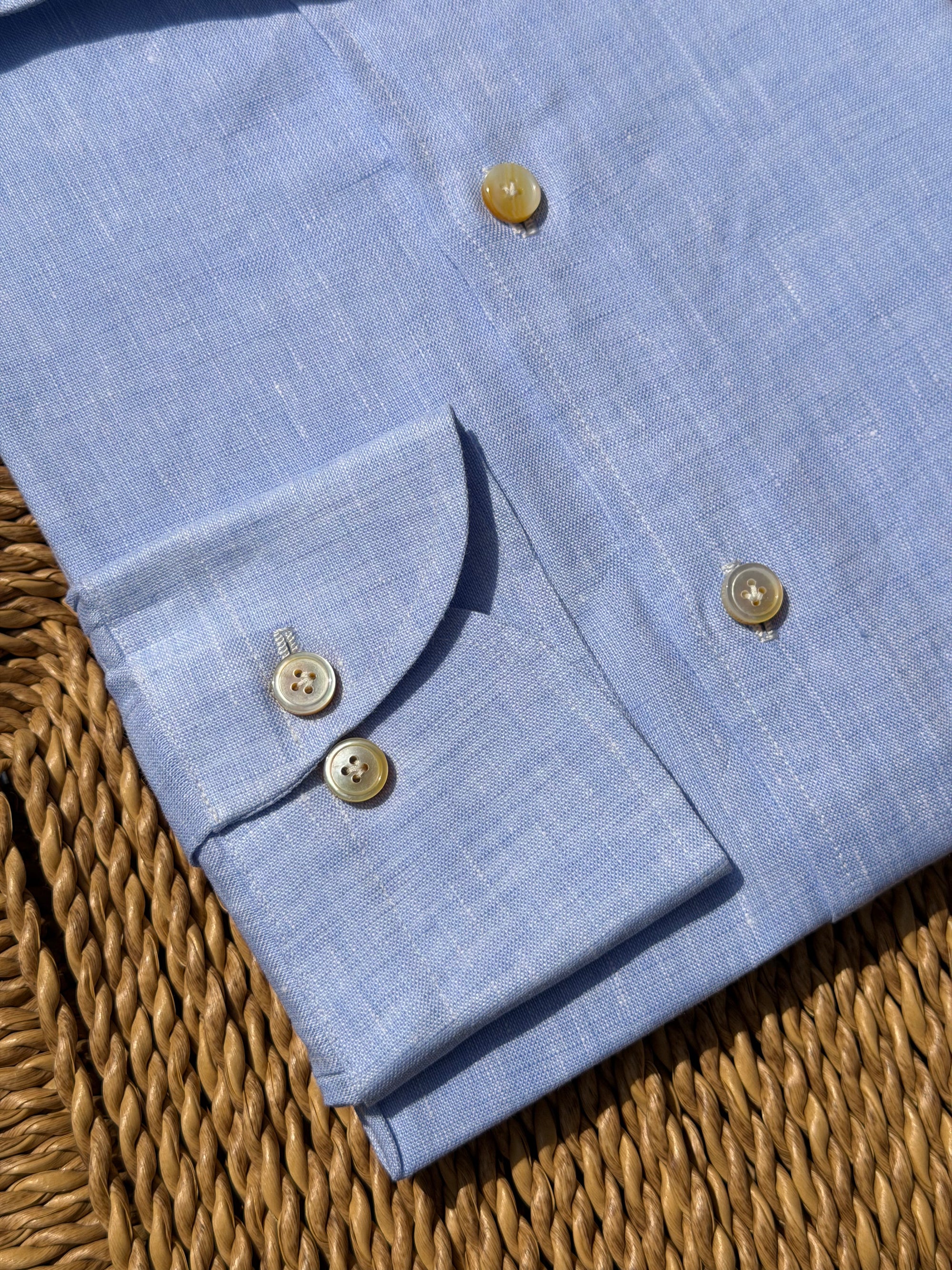 MTO Handcrafted Canclini Stone Green / Pale Blue Linen Shirt #67 #69