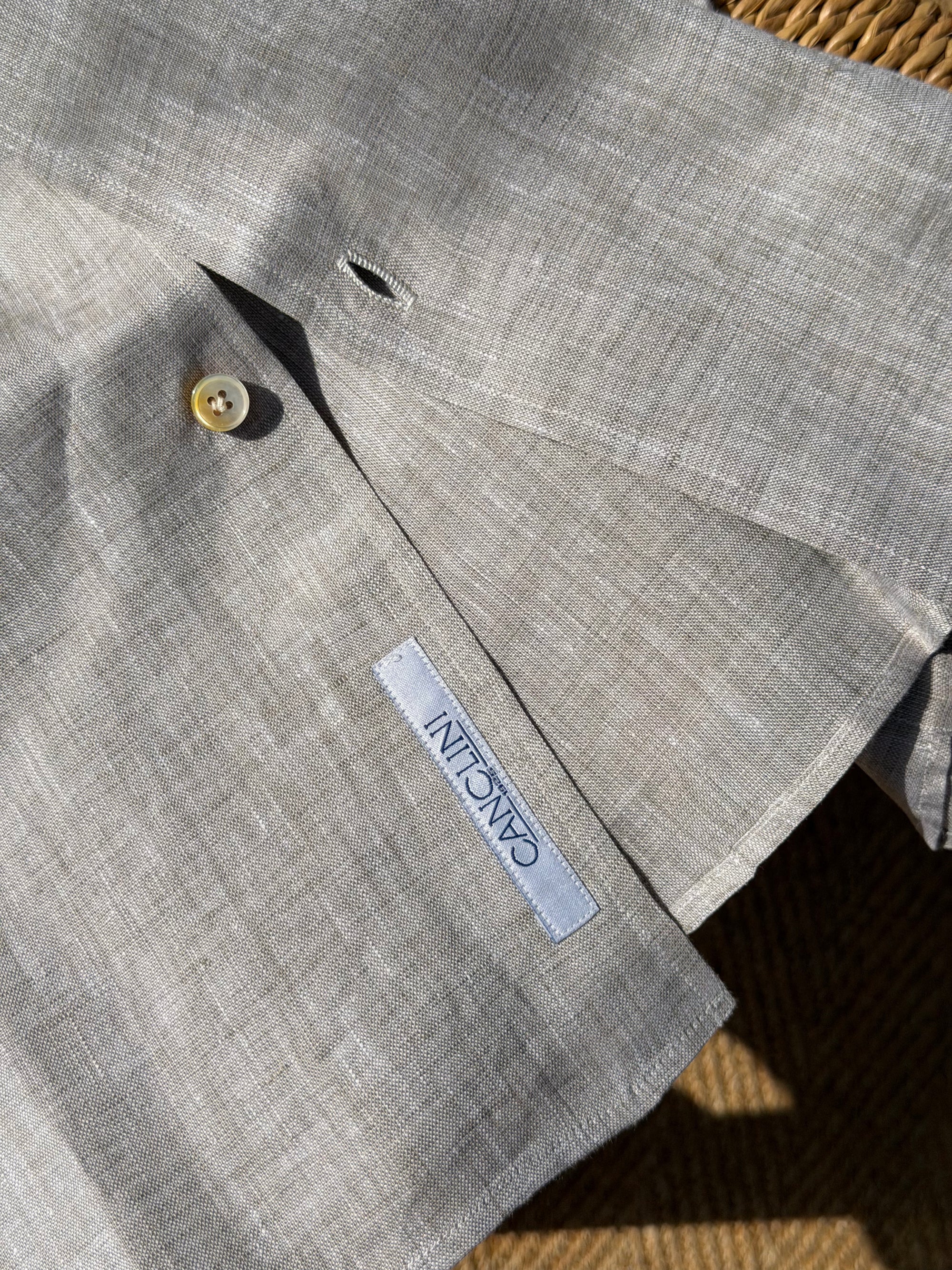 MTO Handcrafted Canclini Stone Green / Pale Blue Linen Shirt #67 #69