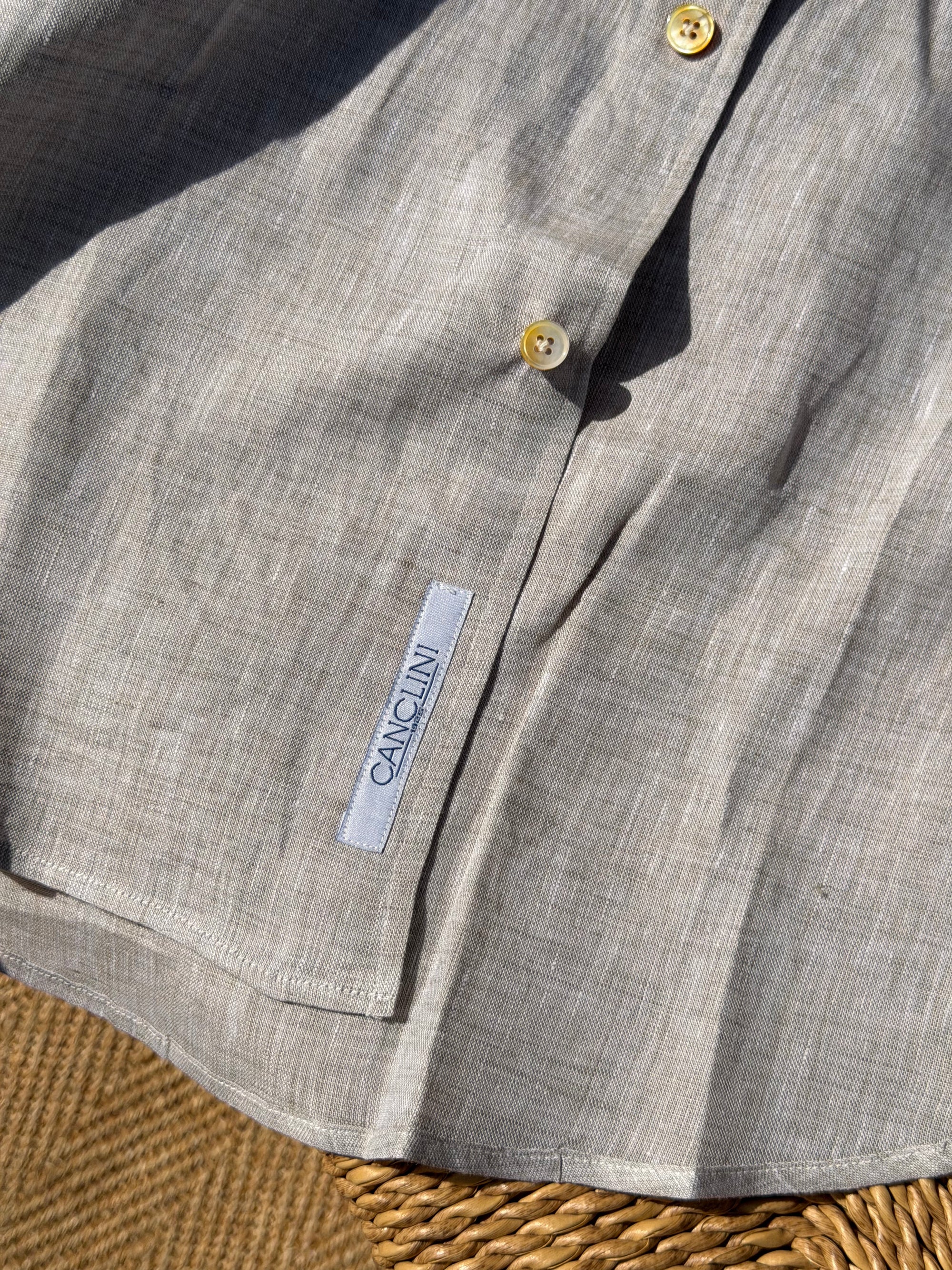 MTO Handcrafted Canclini Stone Green / Pale Blue Linen Shirt #67 #69