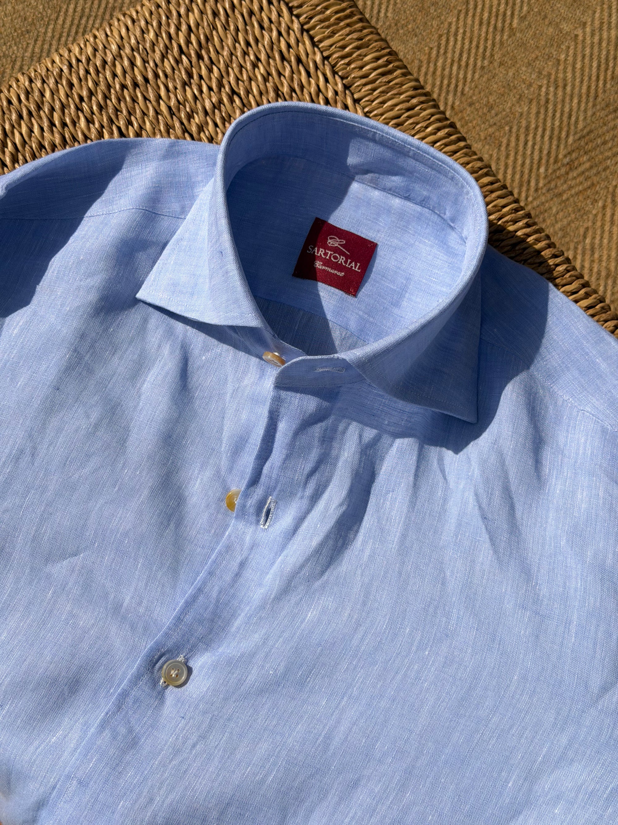 MTO Handcrafted Canclini Stone Green / Pale Blue Linen Shirt #67 #69
