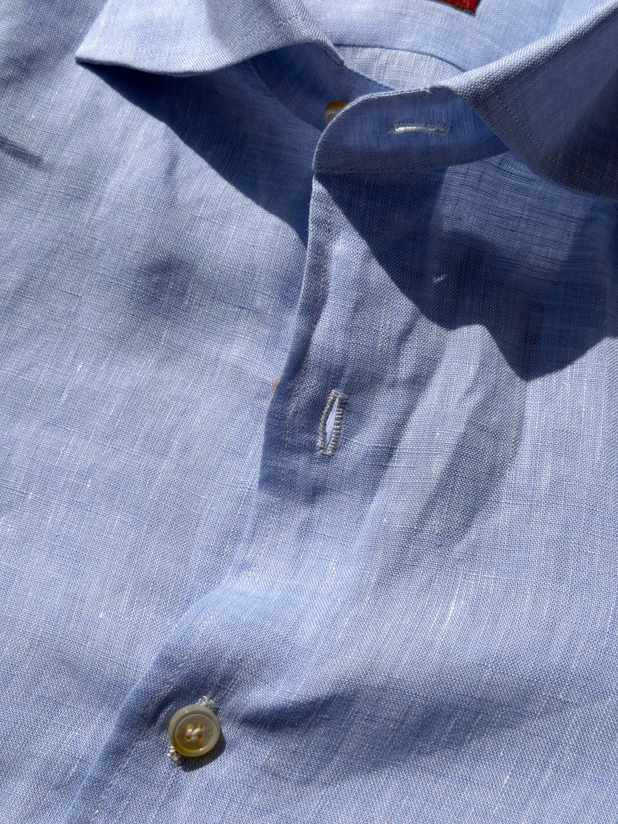 MTO Handcrafted Canclini Stone Green / Pale Blue Linen Shirt #67 #69