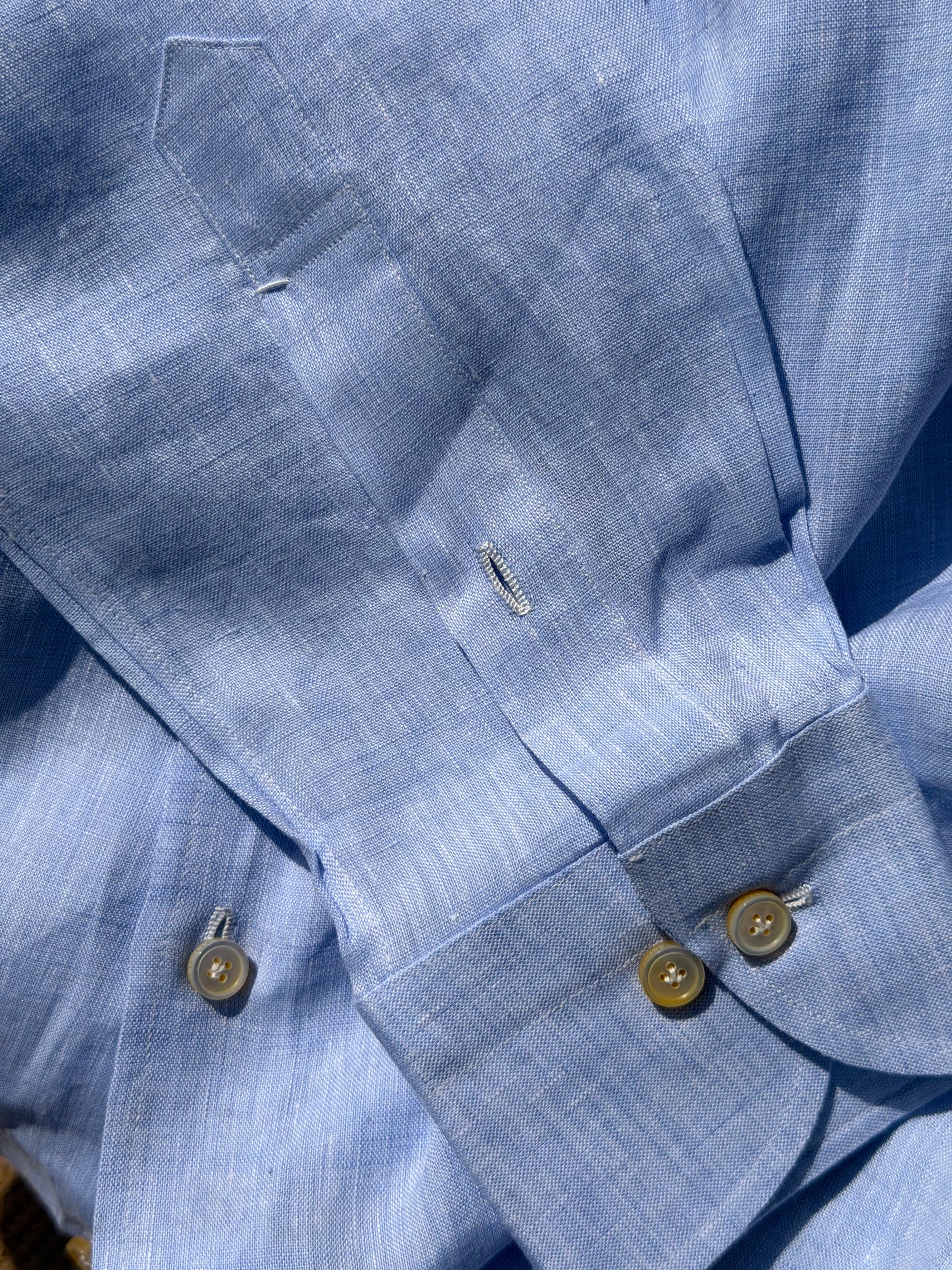 MTO Handcrafted Canclini Stone Green / Pale Blue Linen Shirt #67 #69