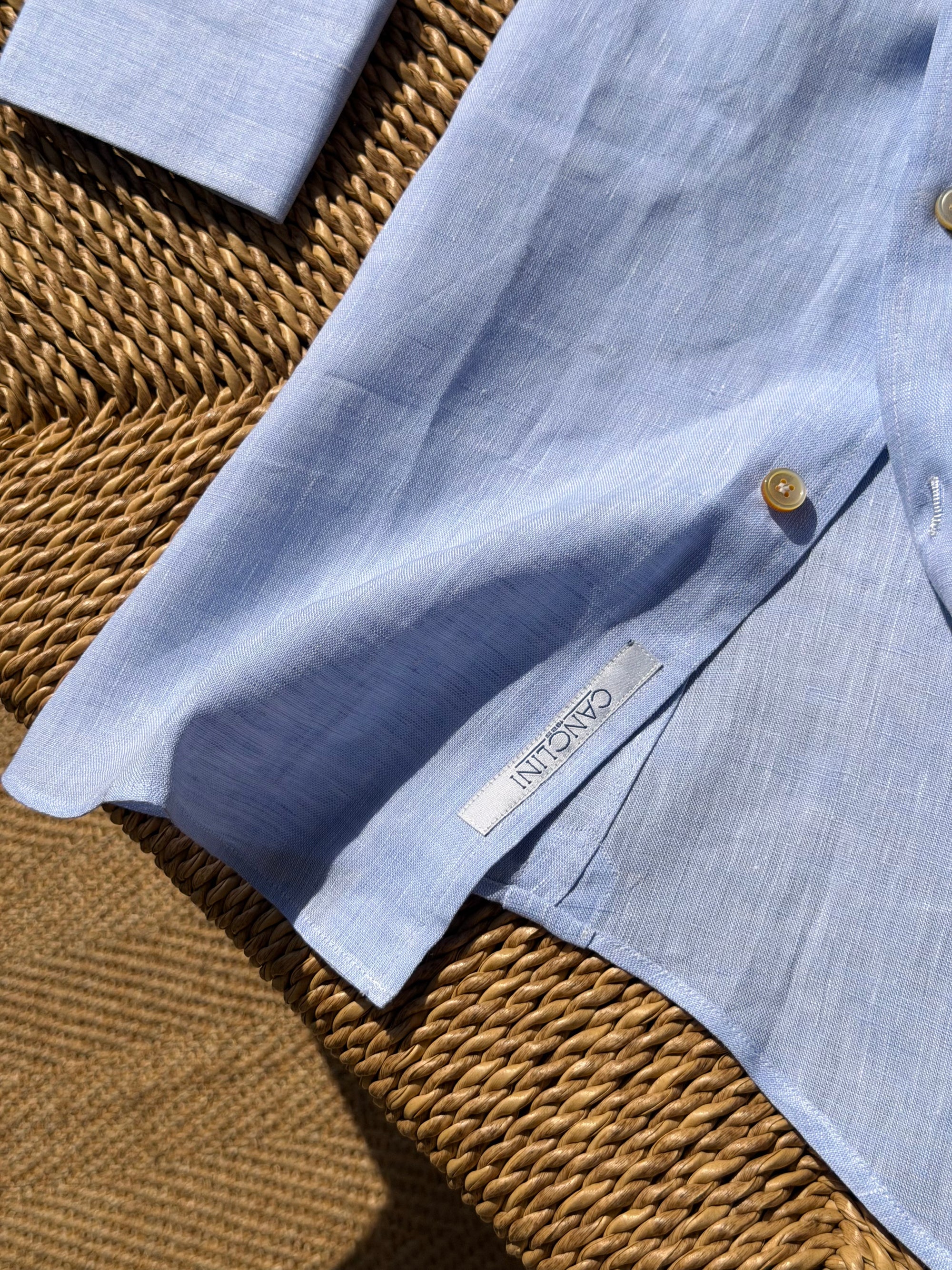 MTO Handcrafted Canclini Stone Green / Pale Blue Linen Shirt #67 #69
