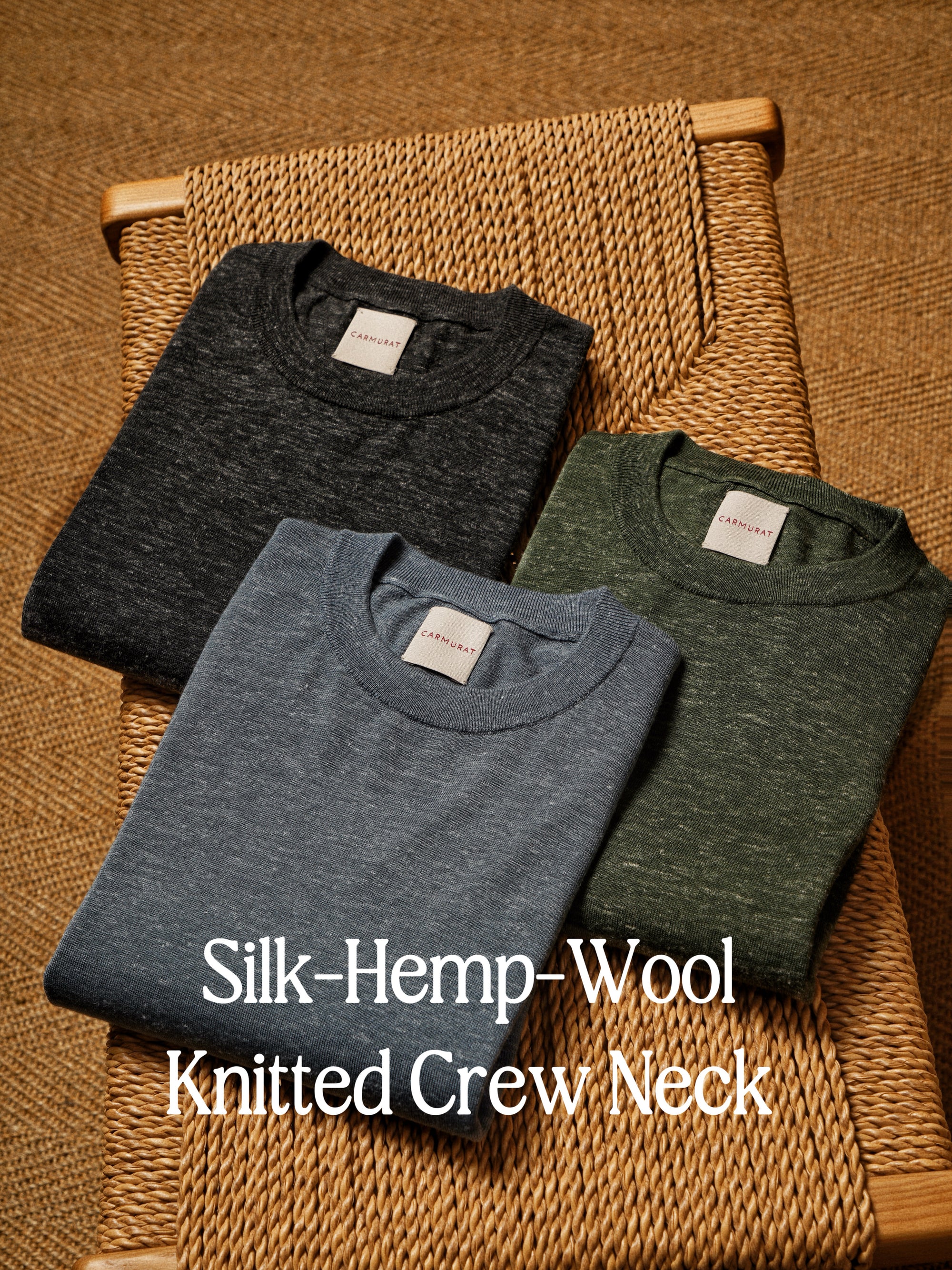 Moss / Charcoal / Greyish Blue Wool Silk Hemp Crew Neck