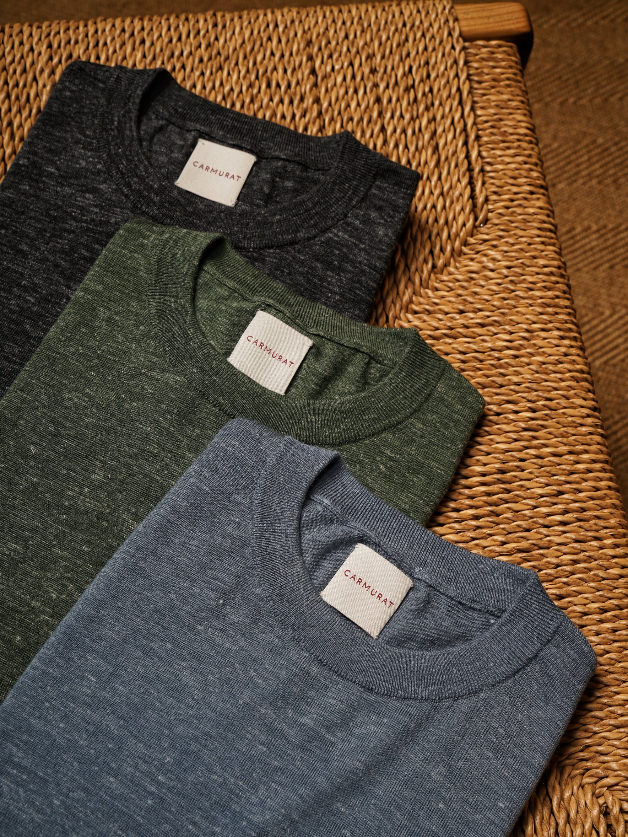 Moss / Charcoal / Greyish Blue Wool Silk Hemp Crew Neck