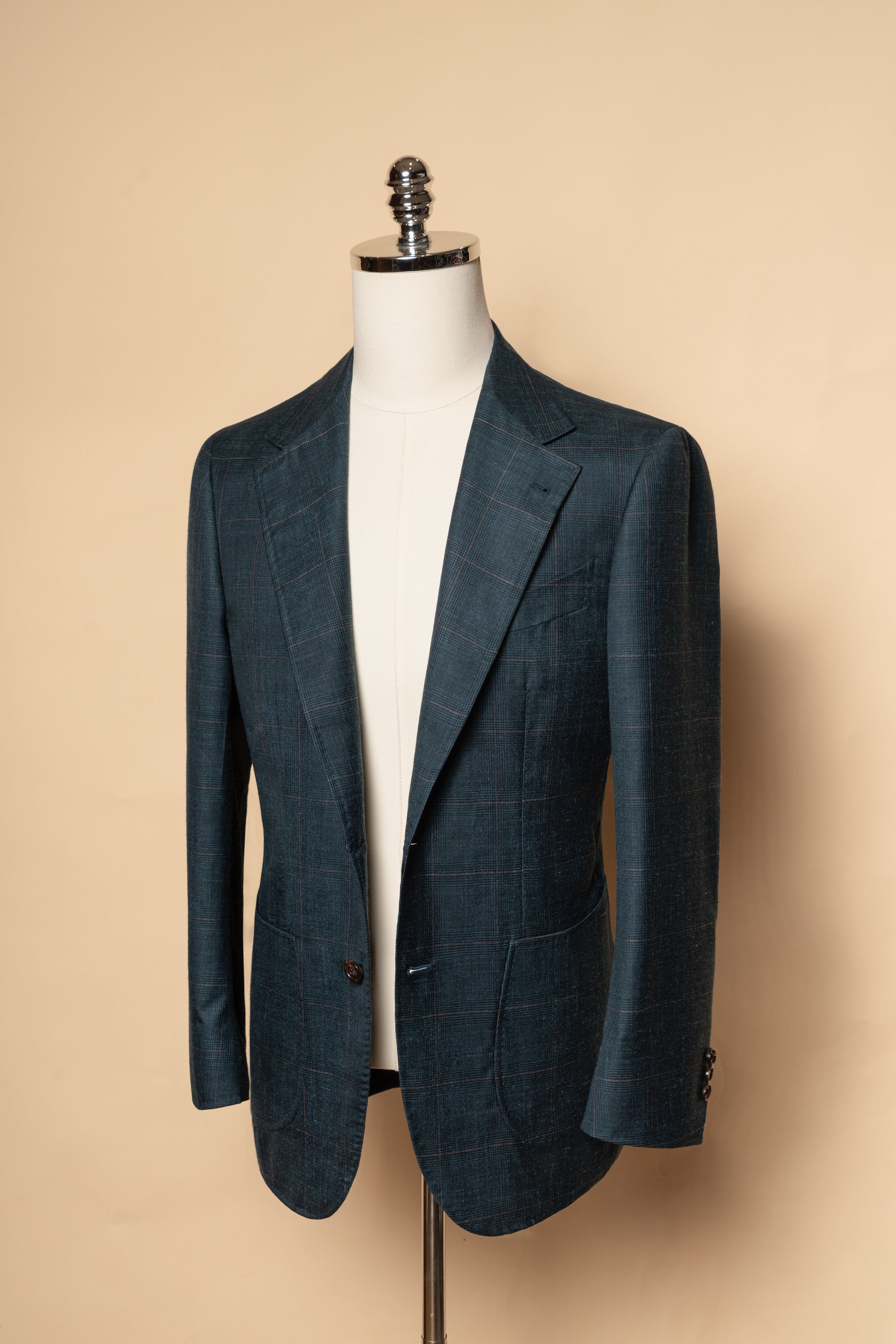 MTO Lake Blue Overcheck Wool Silk Cashmere Linen Jacket #772