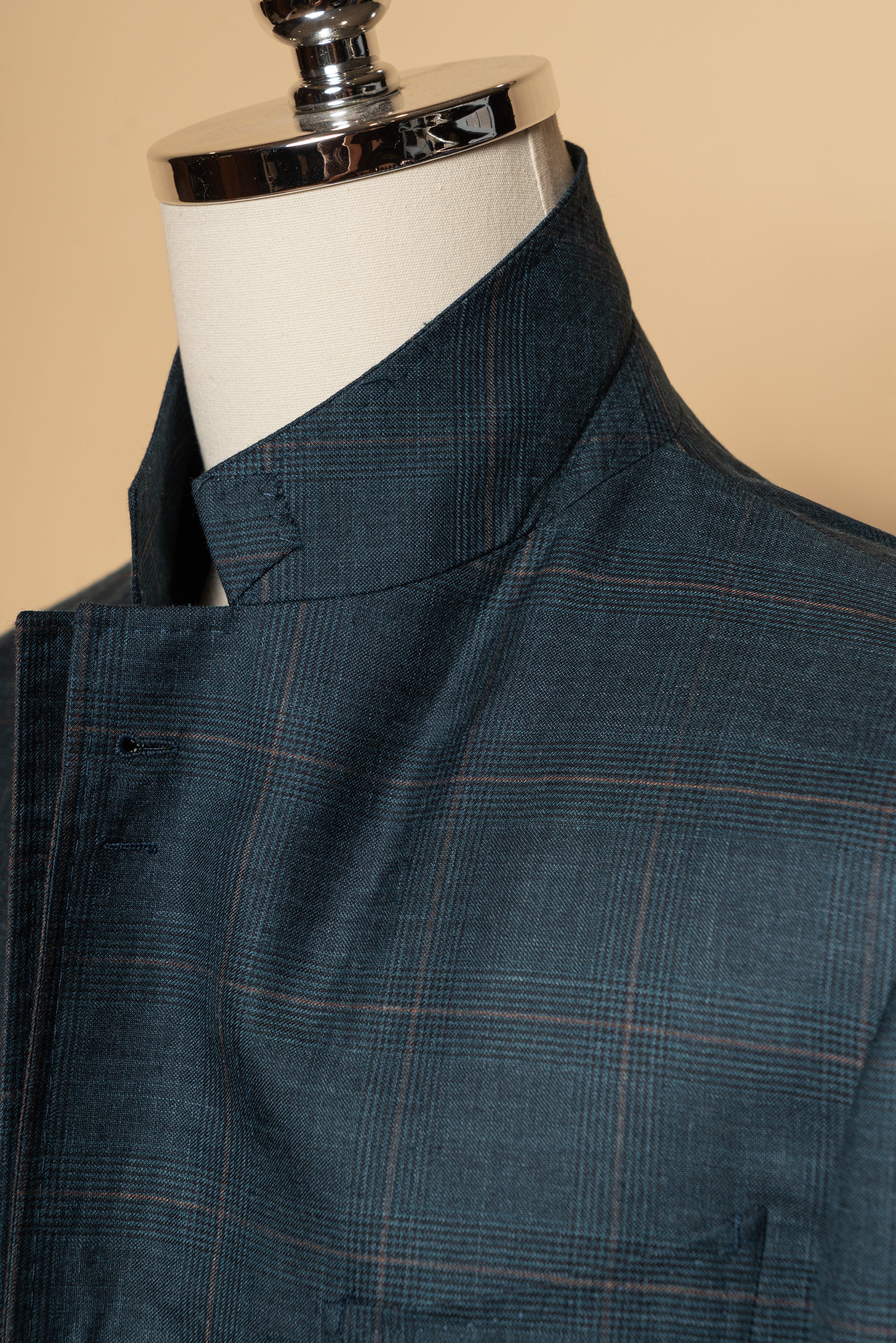 MTO Lake Blue Overcheck Wool Silk Cashmere Linen Jacket #772