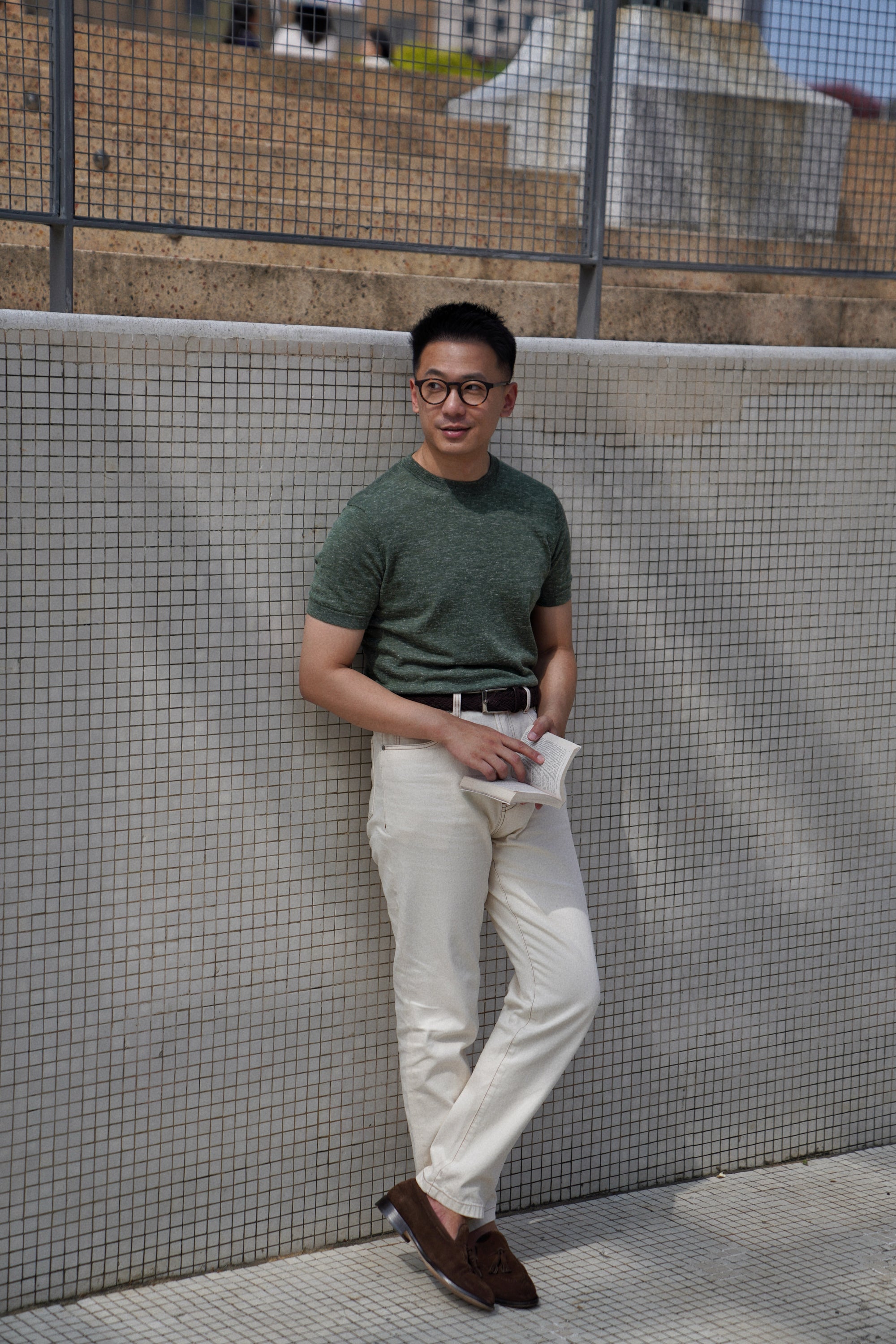 Moss / Charcoal / Greyish Blue Wool Silk Hemp Crew Neck