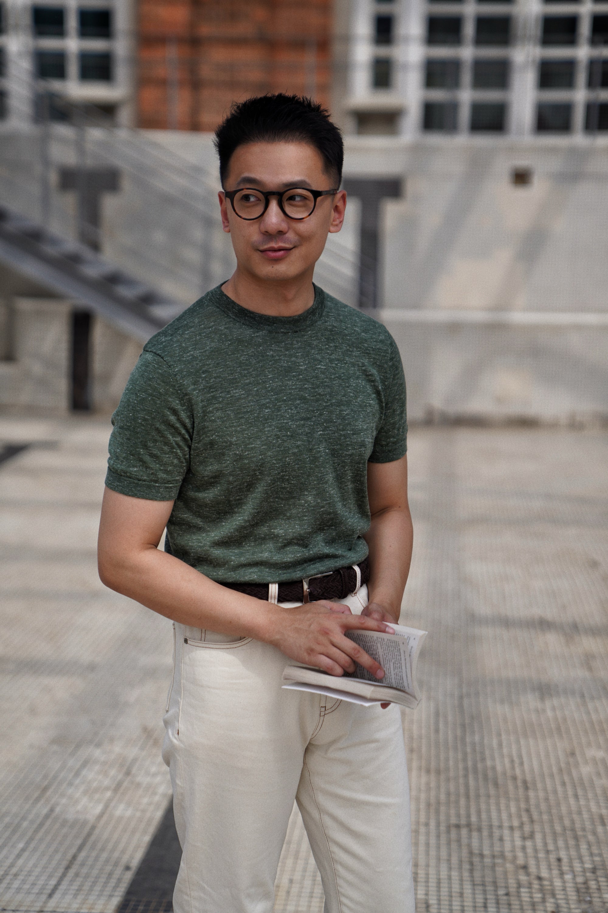 Moss / Charcoal / Greyish Blue Wool Silk Hemp Crew Neck