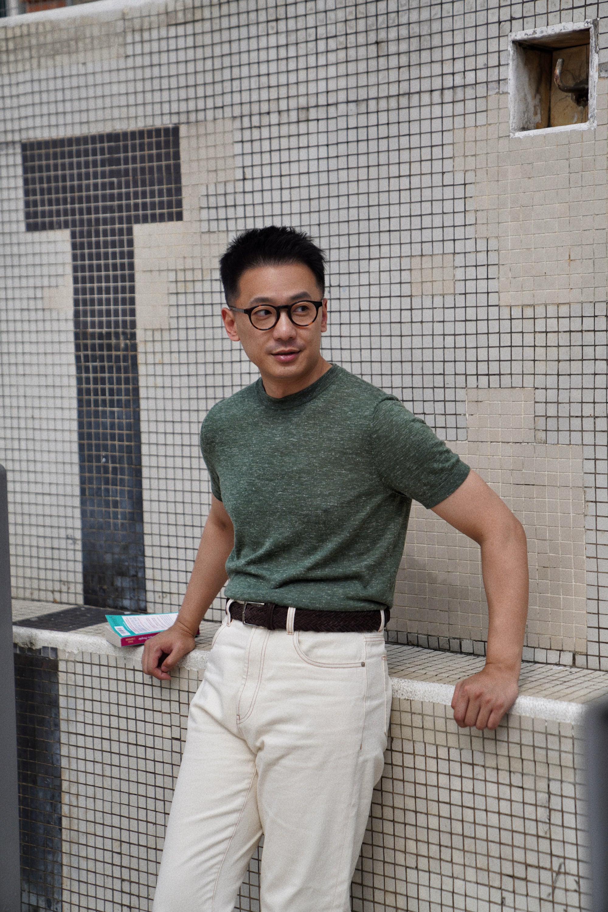 Moss / Charcoal / Greyish Blue Wool Silk Hemp Crew Neck