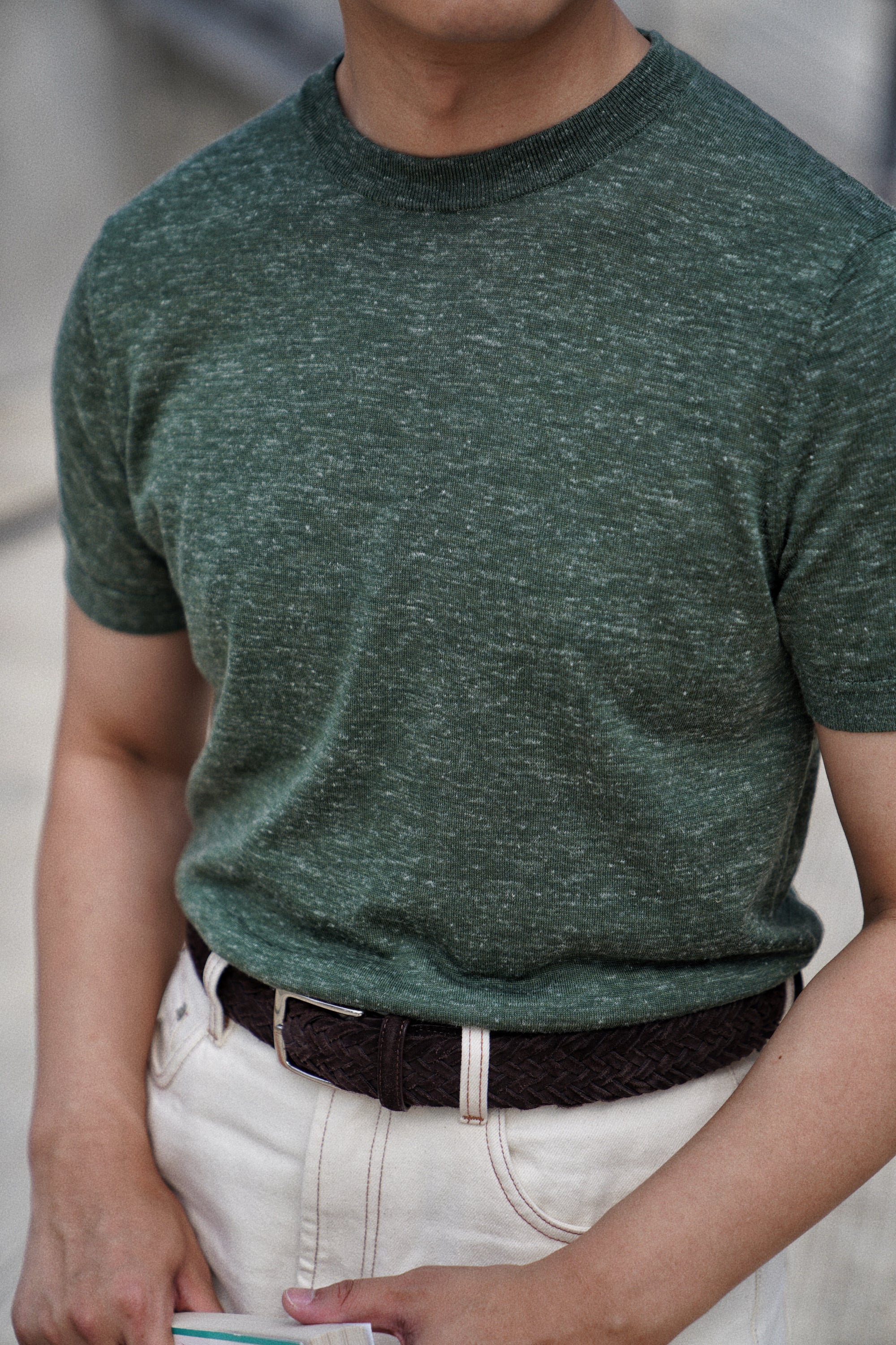 Moss / Charcoal / Greyish Blue Wool Silk Hemp Crew Neck