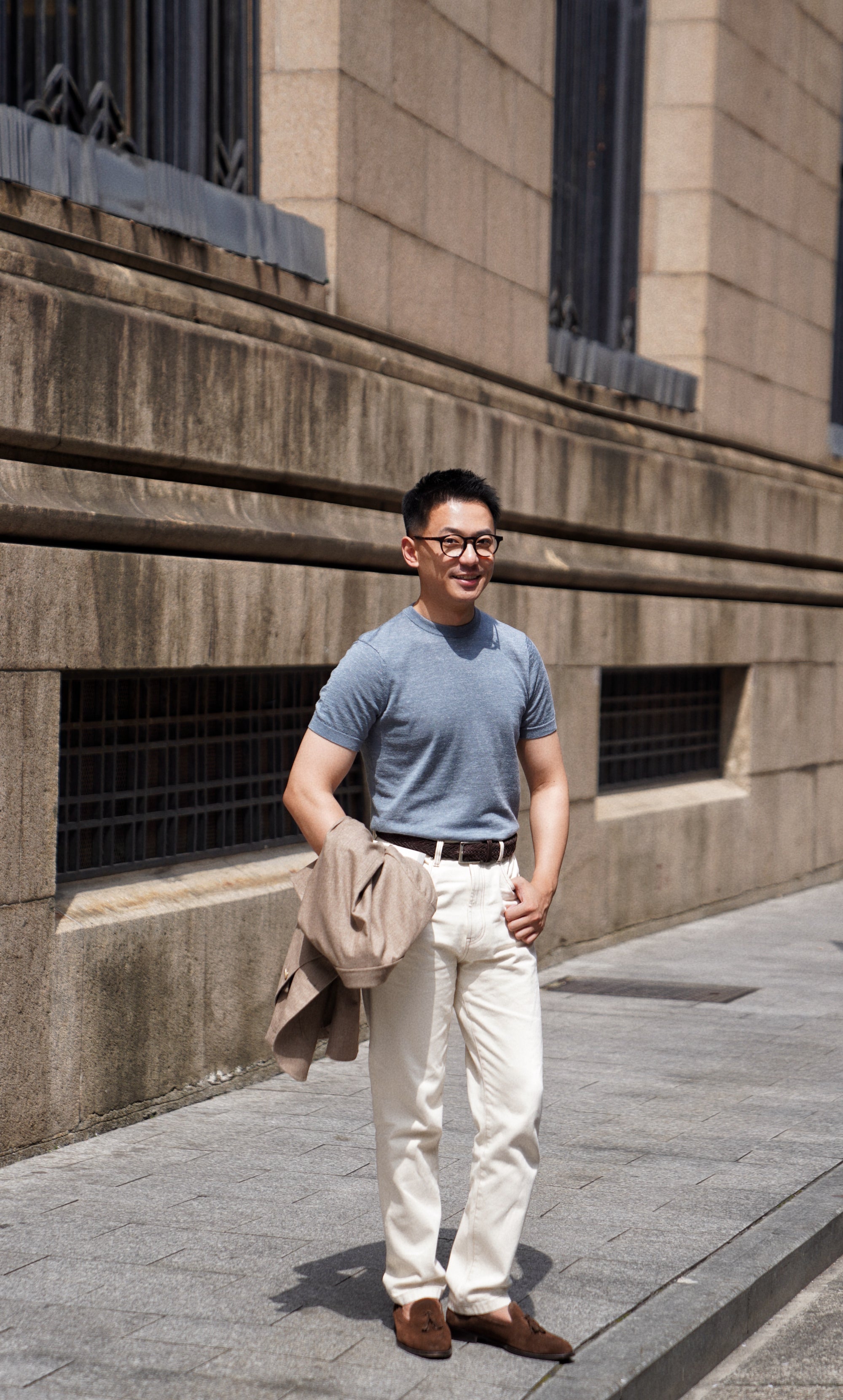 Moss / Charcoal / Greyish Blue Wool Silk Hemp Crew Neck