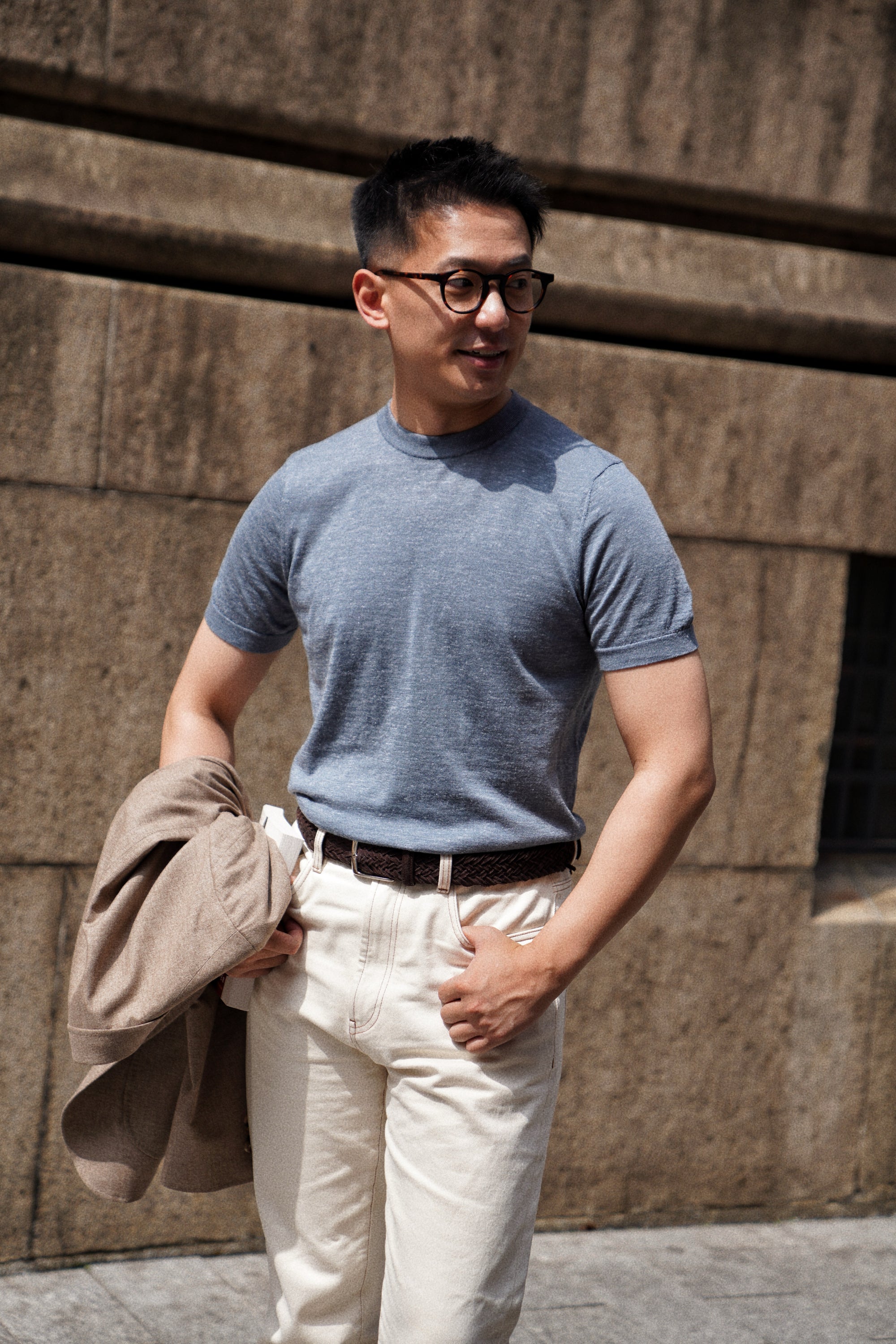 Moss / Charcoal / Greyish Blue Wool Silk Hemp Crew Neck