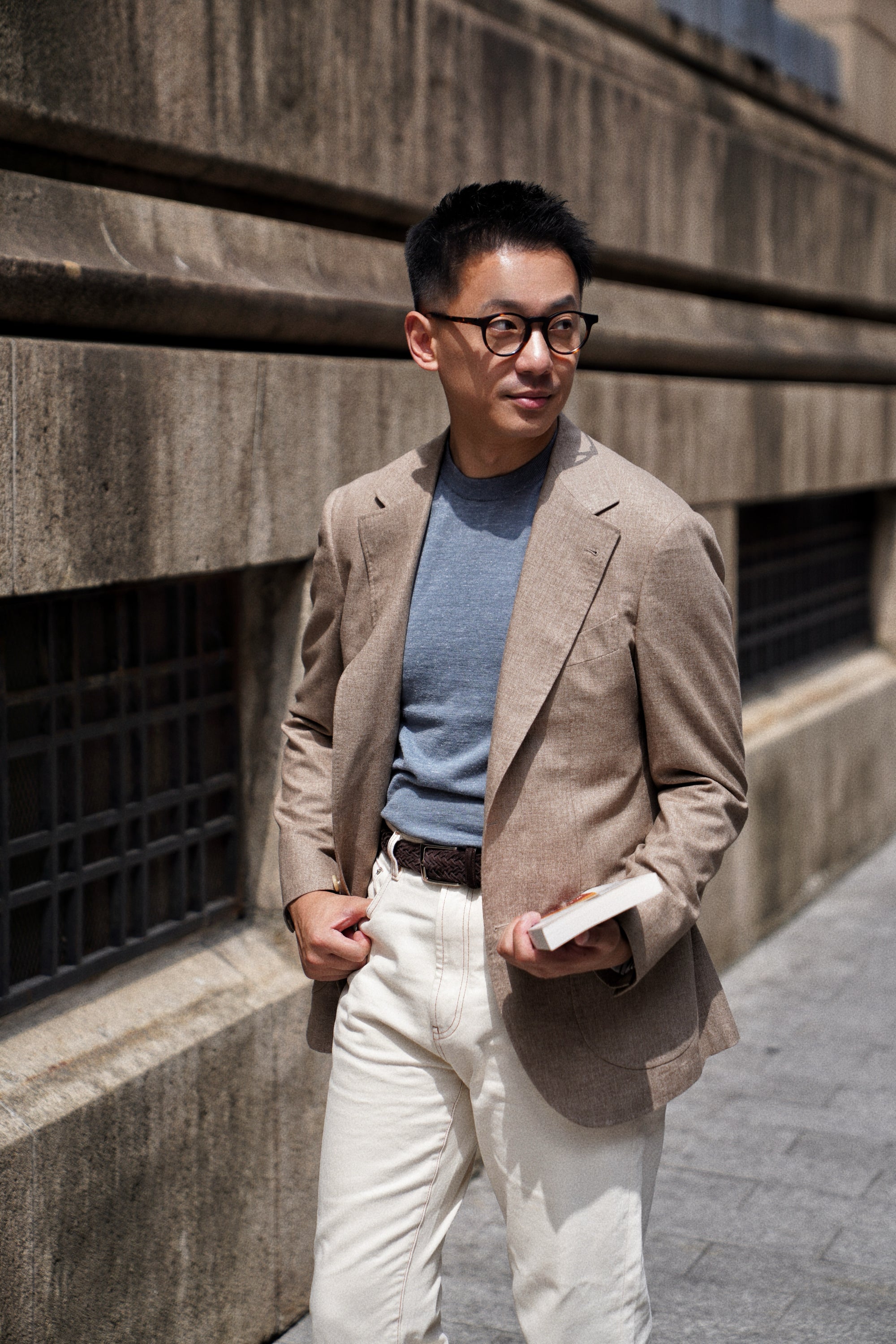 Moss / Charcoal / Greyish Blue Wool Silk Hemp Crew Neck