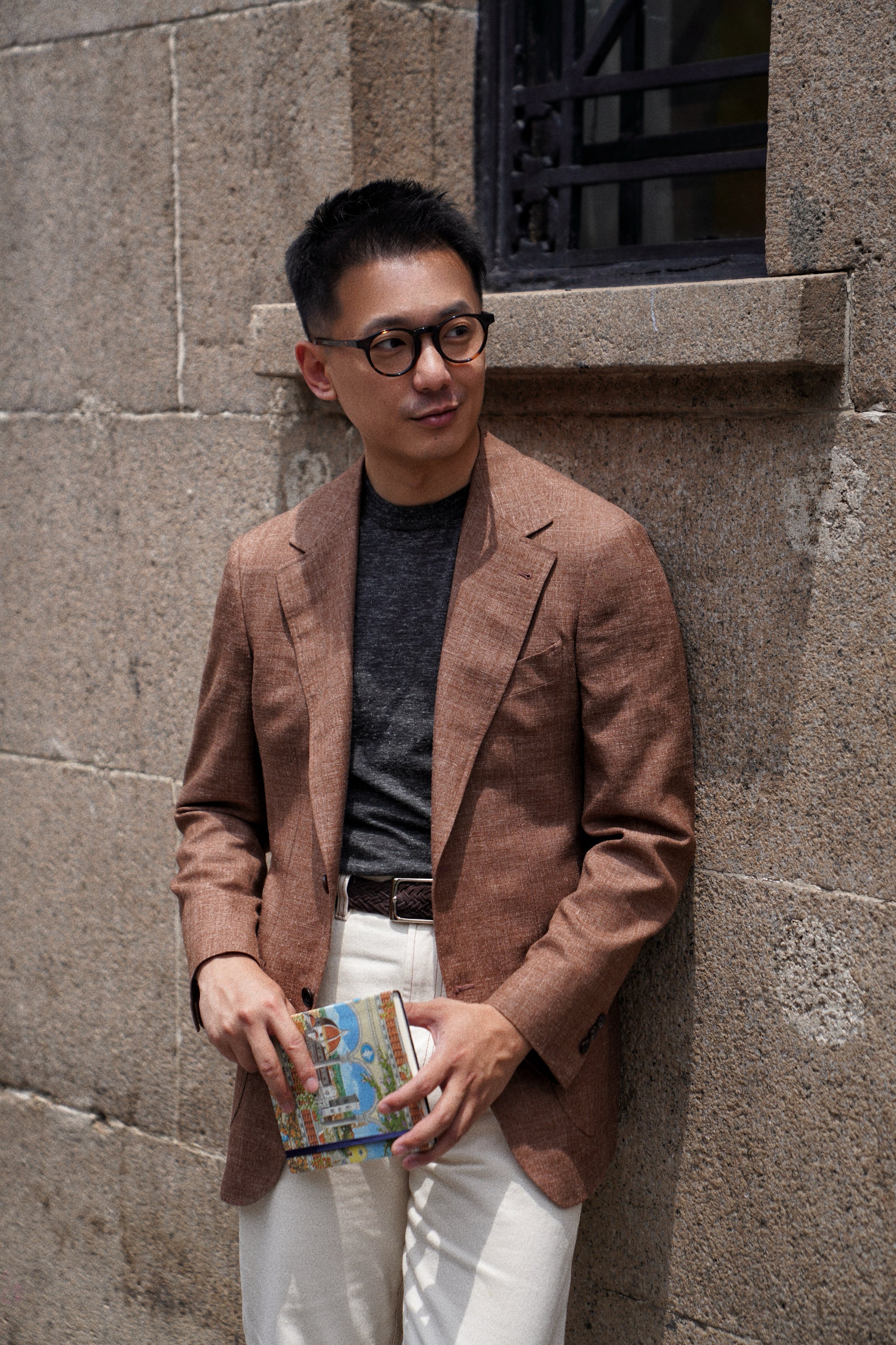 Moss / Charcoal / Greyish Blue Wool Silk Hemp Crew Neck