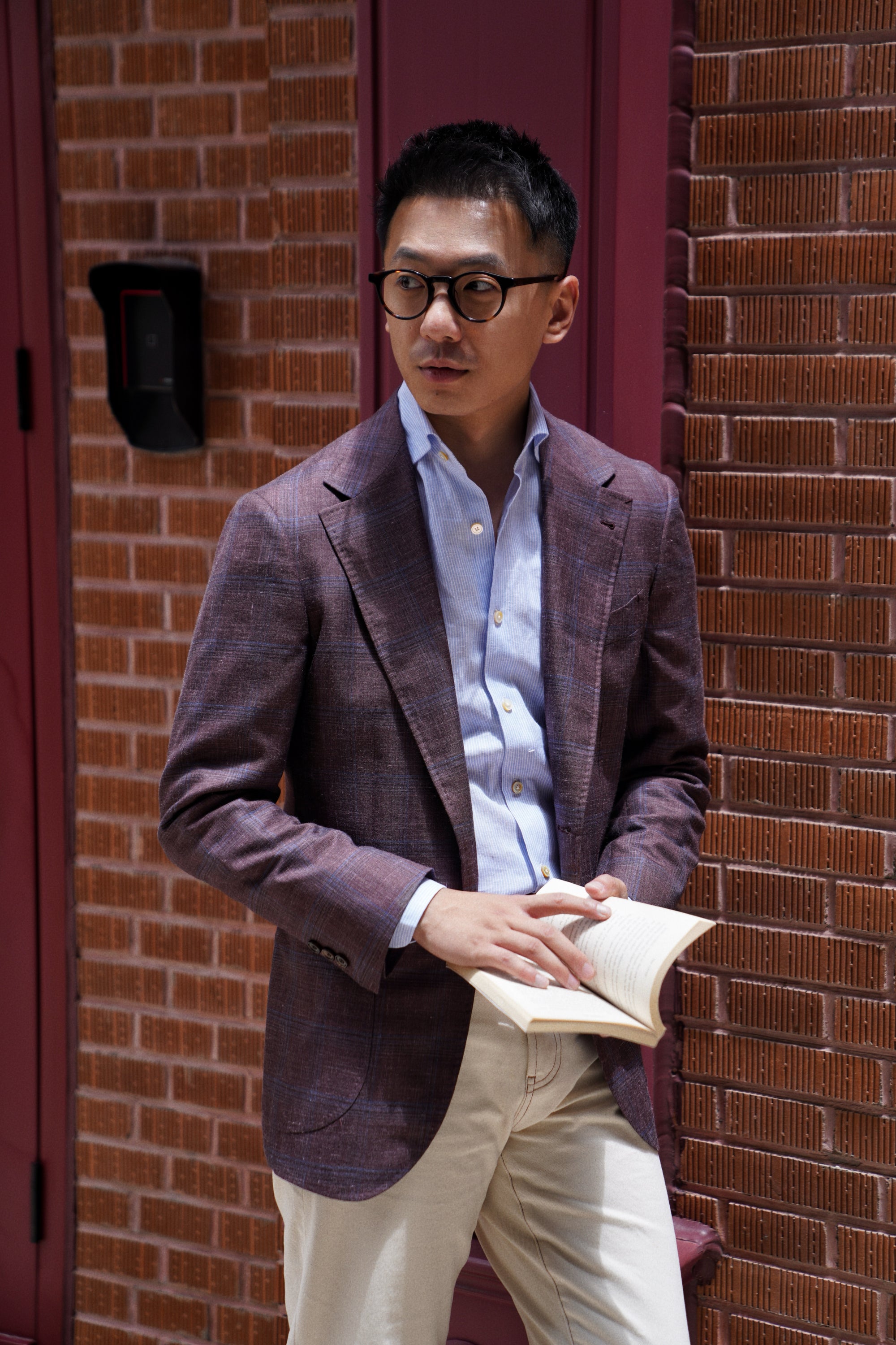 MTO Burgundy Overcheck Wool Silk Cashmere Linen Jacket #771