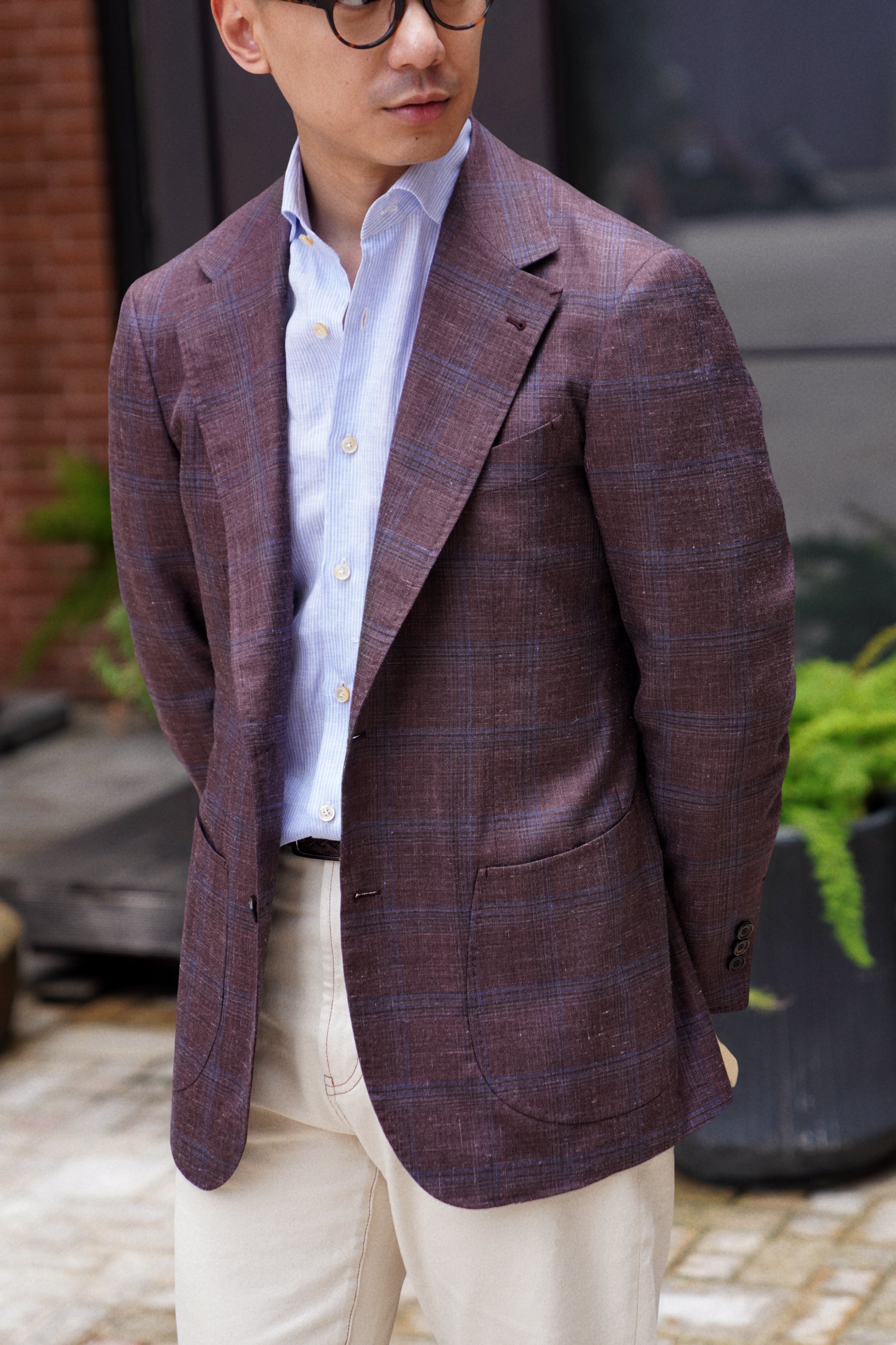 MTO Burgundy Overcheck Wool Silk Cashmere Linen Jacket #771