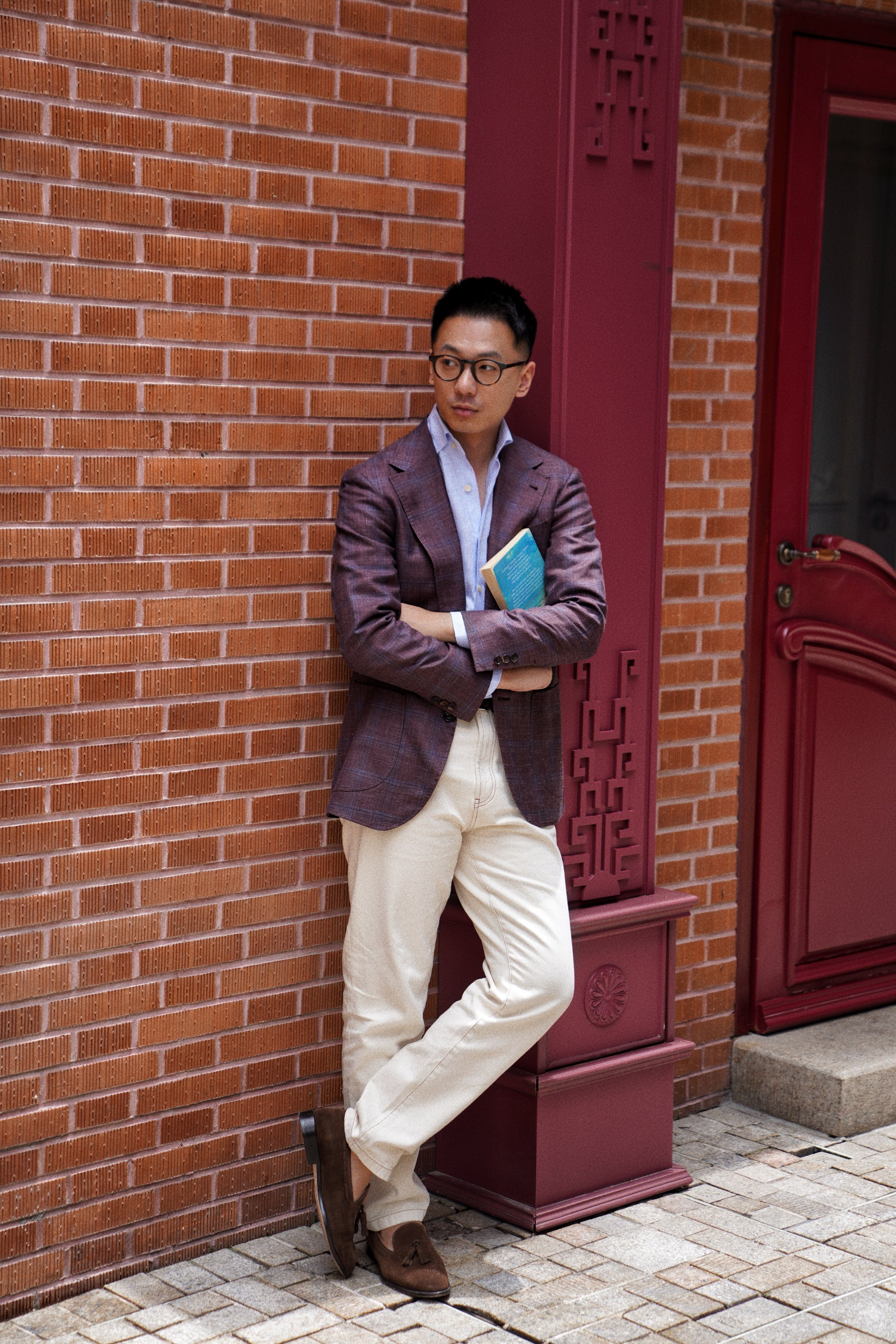 MTO Burgundy Overcheck Wool Silk Cashmere Linen Jacket #771