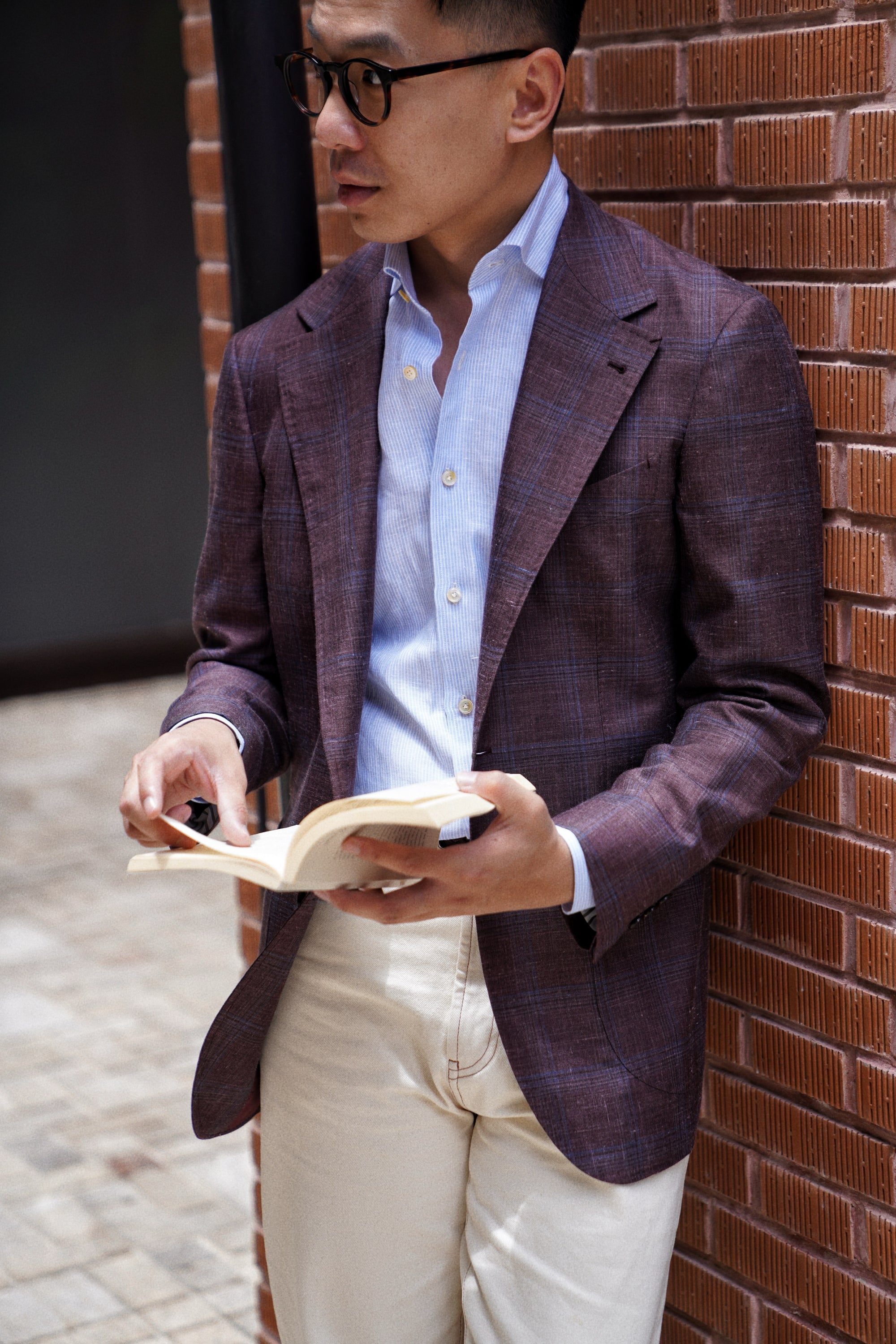 MTO Burgundy Overcheck Wool Silk Cashmere Linen Jacket #771