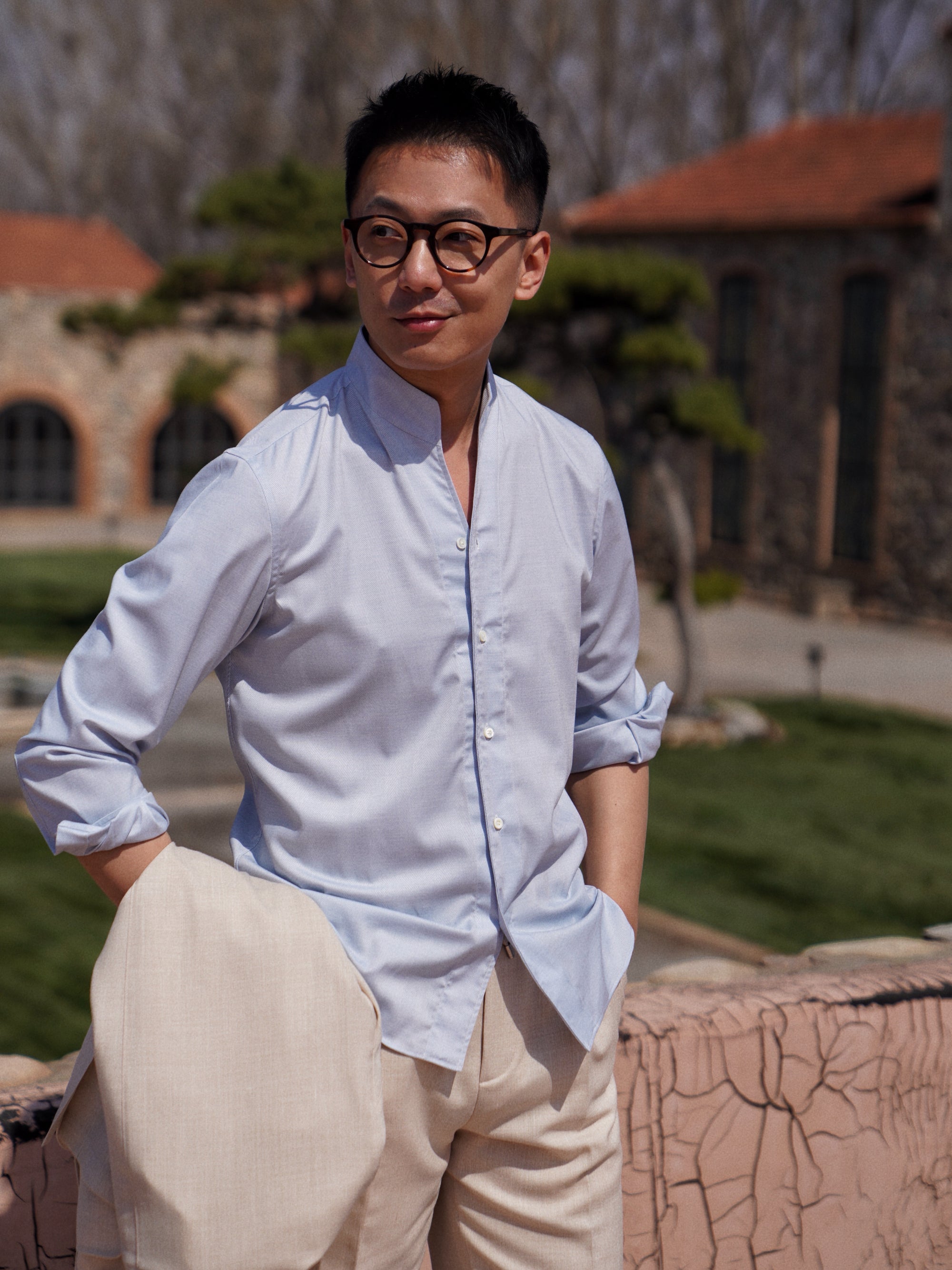 Pinky Blue Mandarin Collar Blending Shirt #DH38