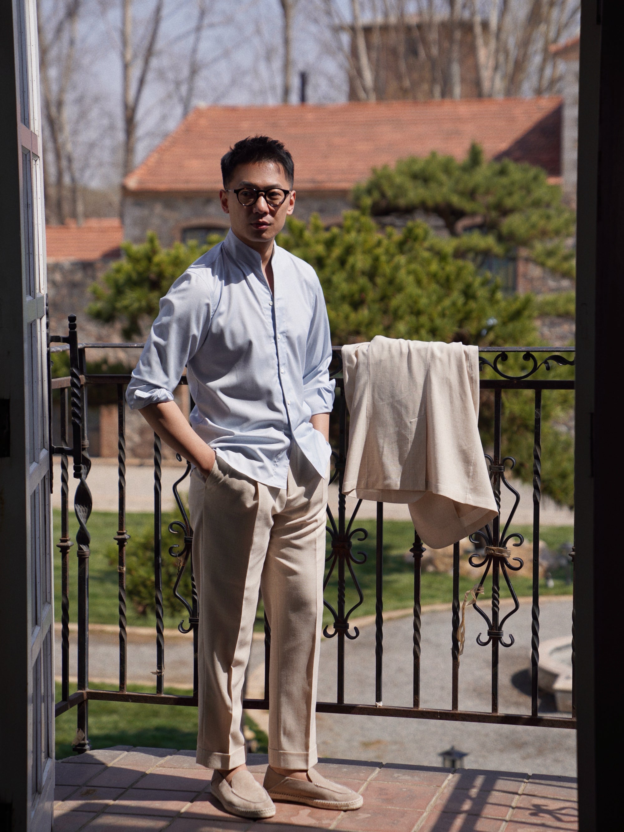Pinky Blue Mandarin Collar Blending Shirt #DH38