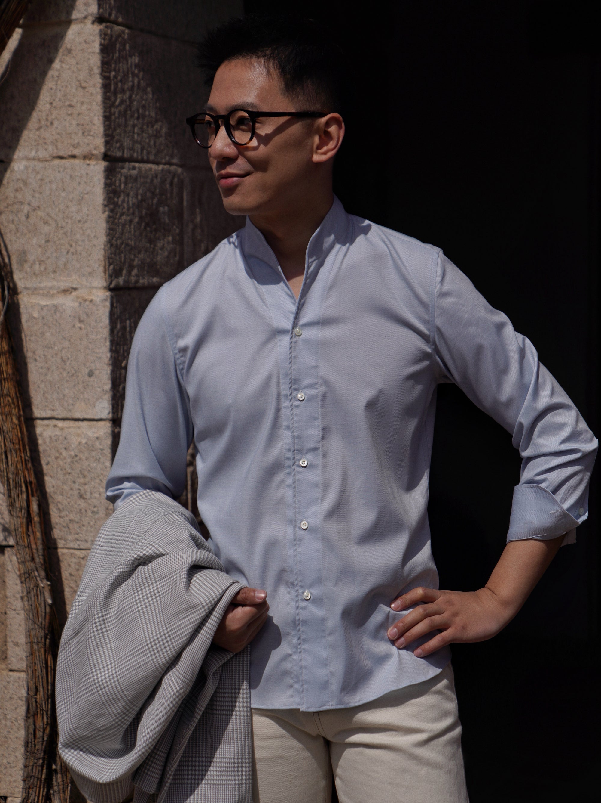 Pinky Blue Mandarin Collar Blending Shirt #DH38