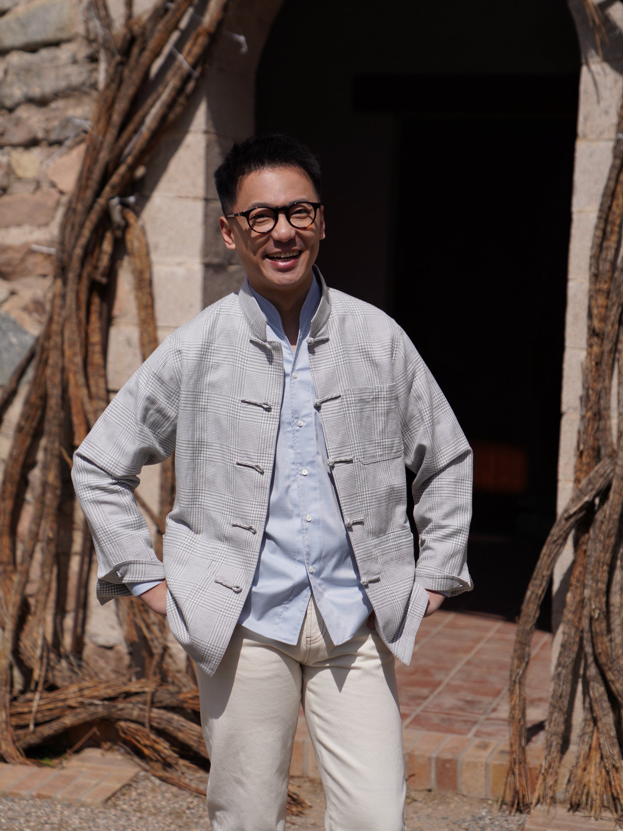 Pinky Blue Mandarin Collar Blending Shirt #DH38