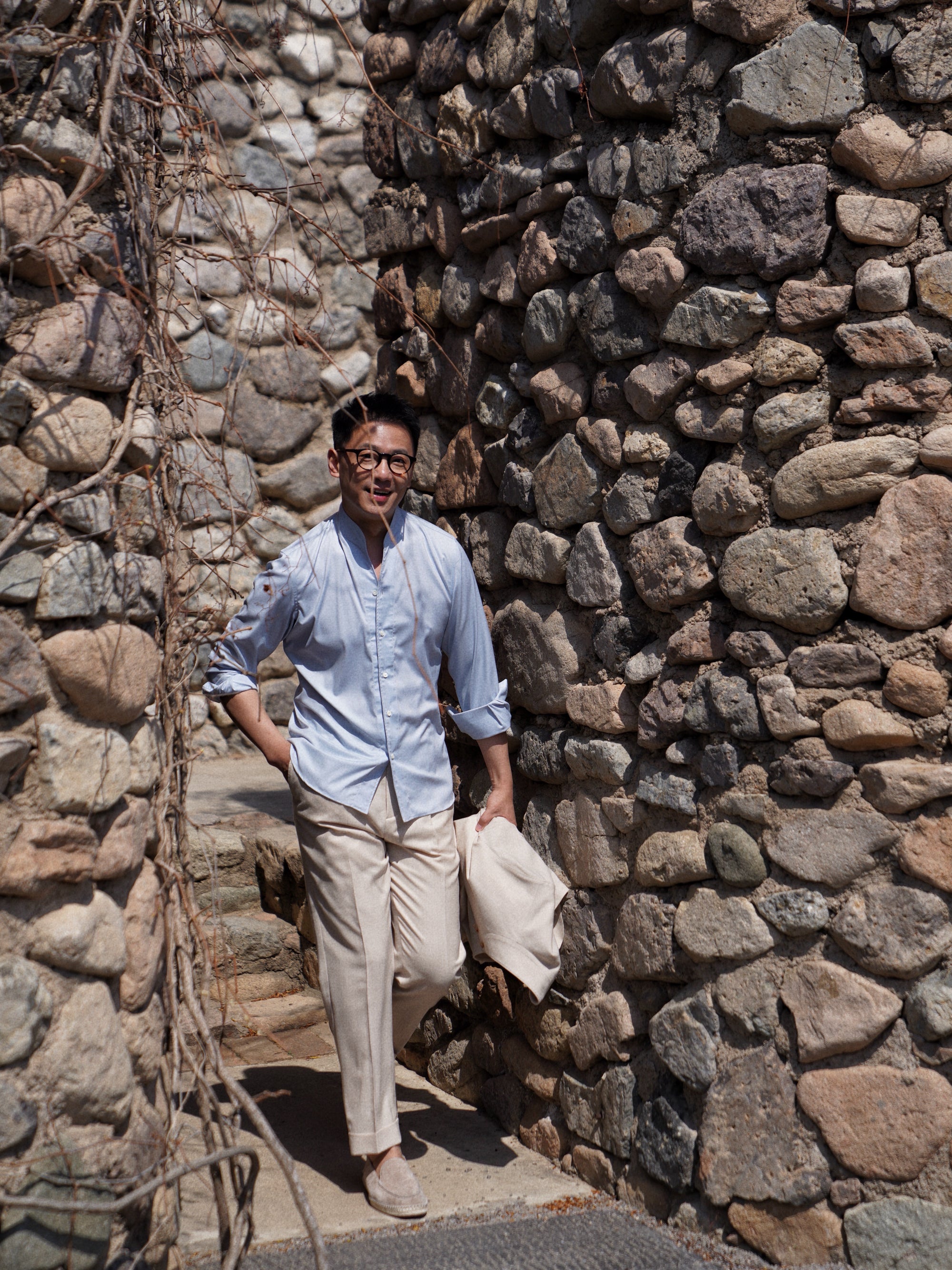 Pinky Blue Mandarin Collar Blending Shirt #DH38