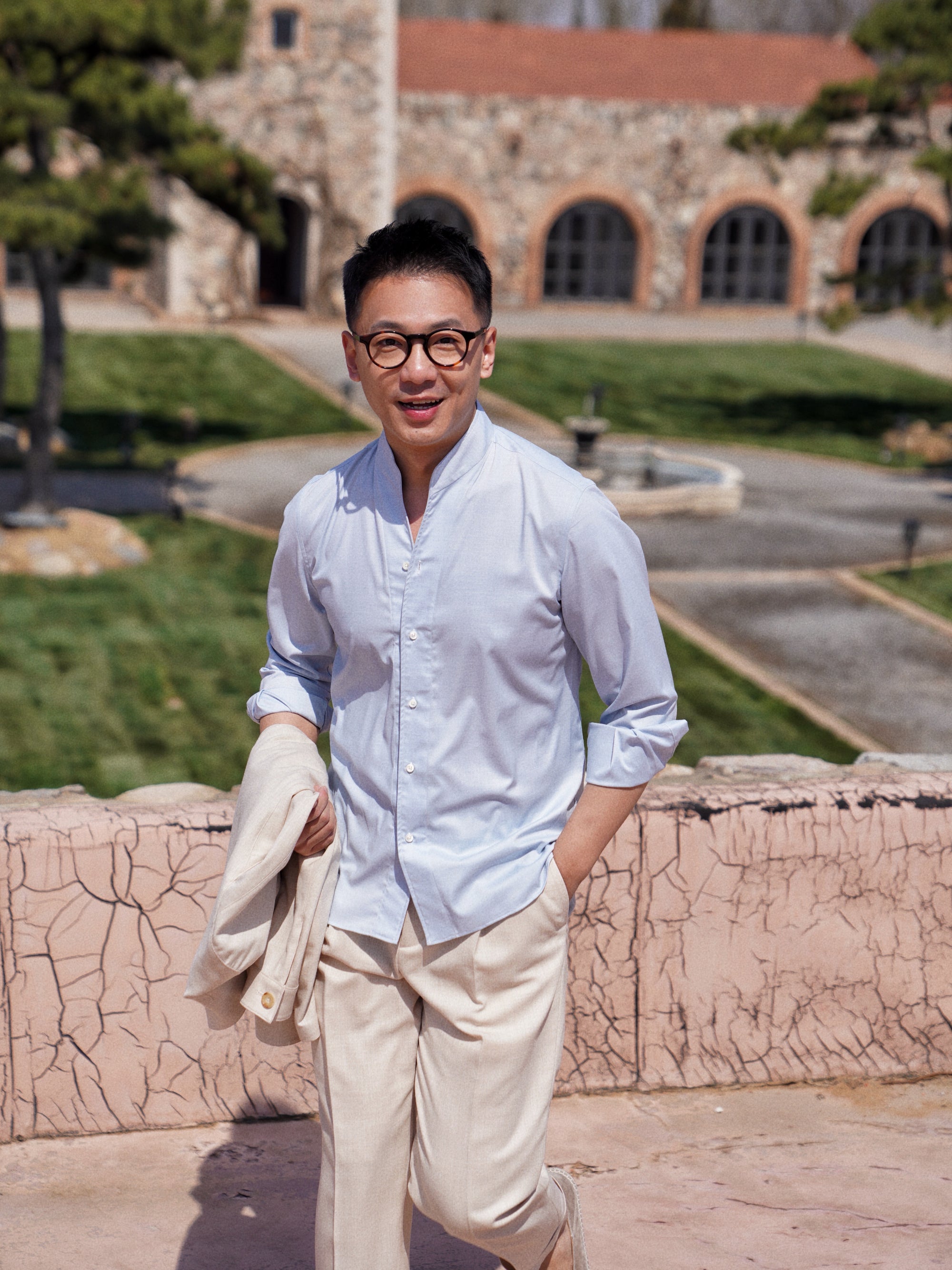 Pinky Blue Mandarin Collar Blending Shirt #DH38