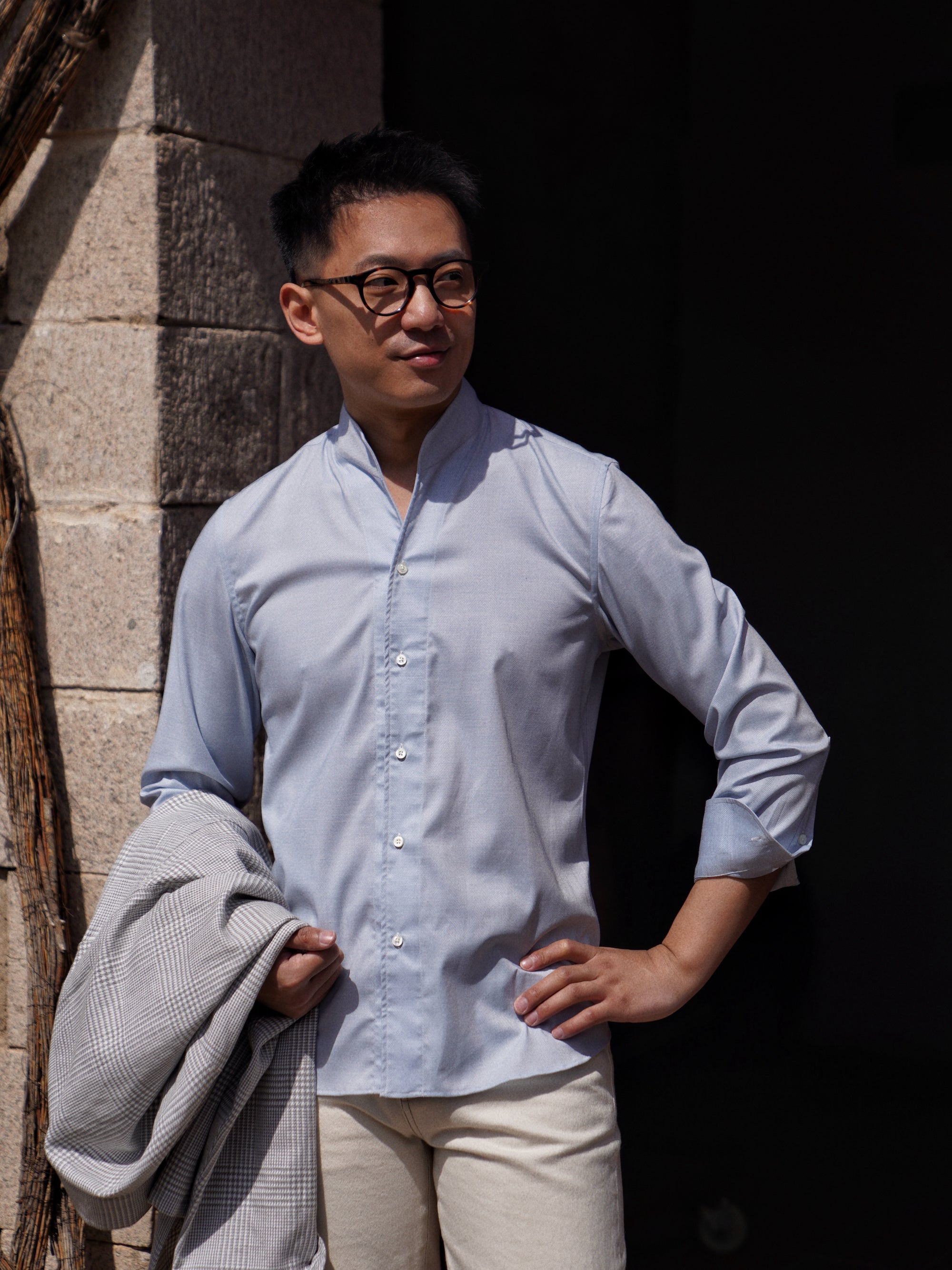 Pinky Blue Mandarin Collar Blending Shirt #DH38