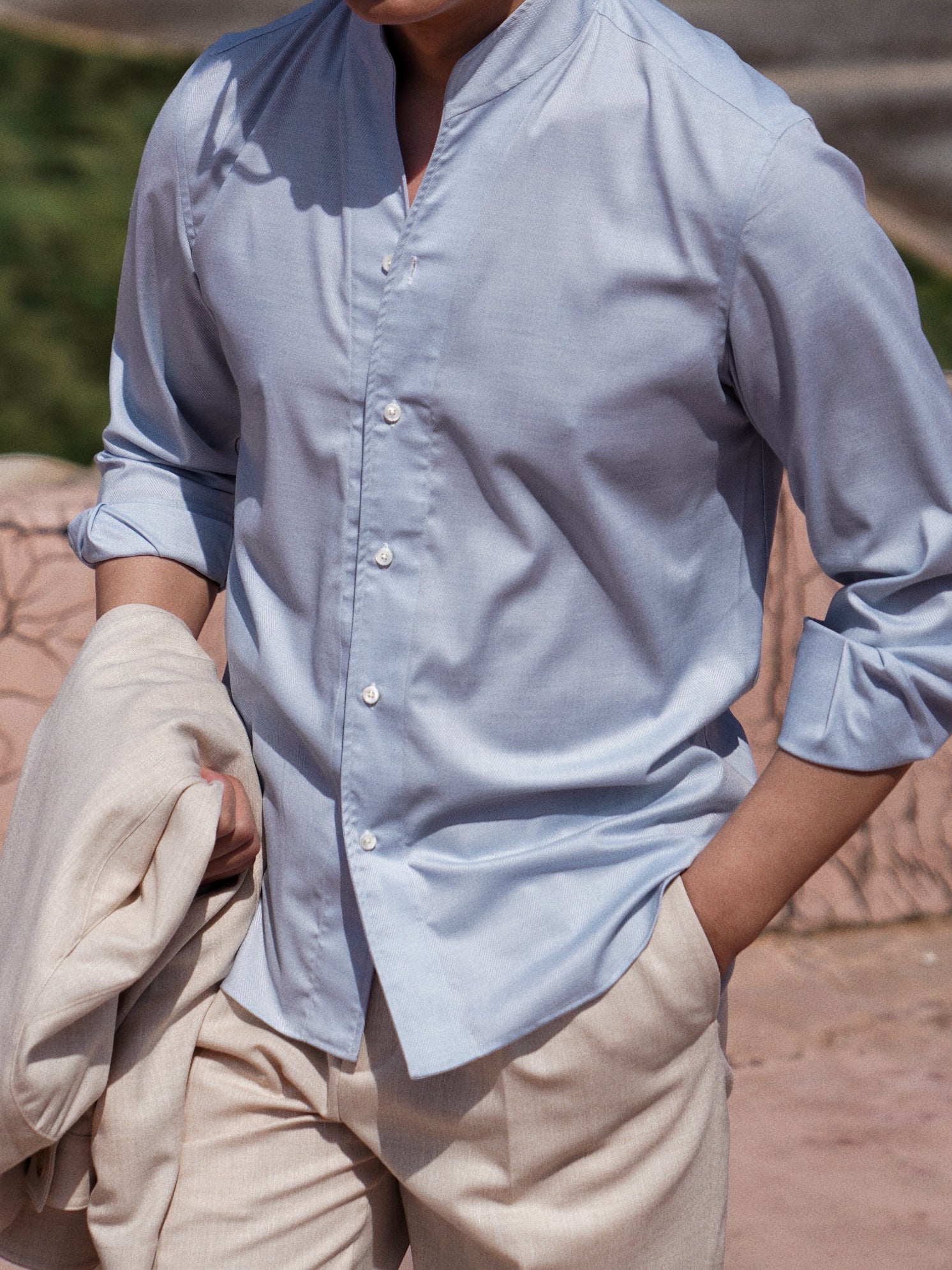 Pinky Blue Mandarin Collar Blending Shirt #DH38