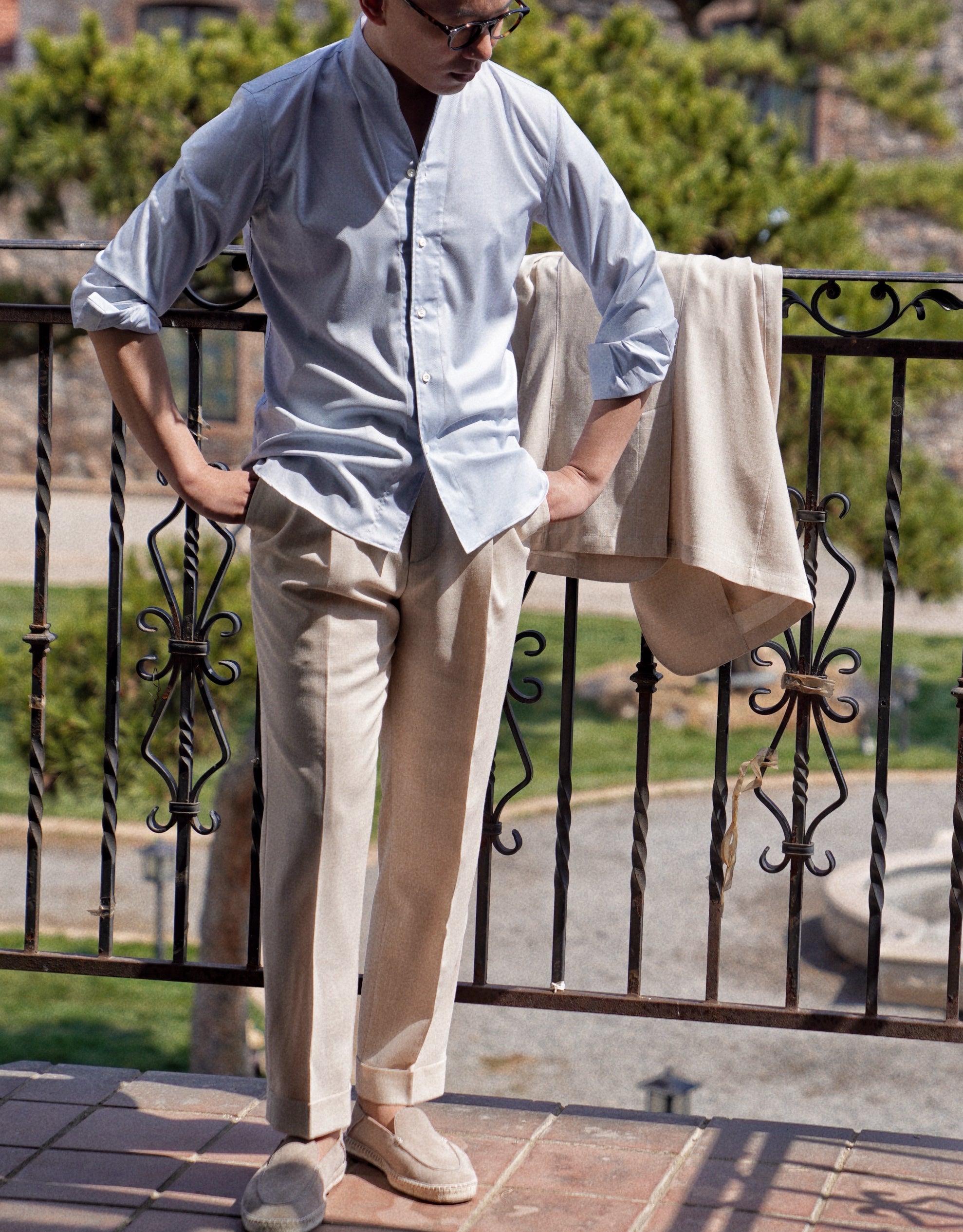 Pinky Blue Mandarin Collar Blending Shirt #DH38