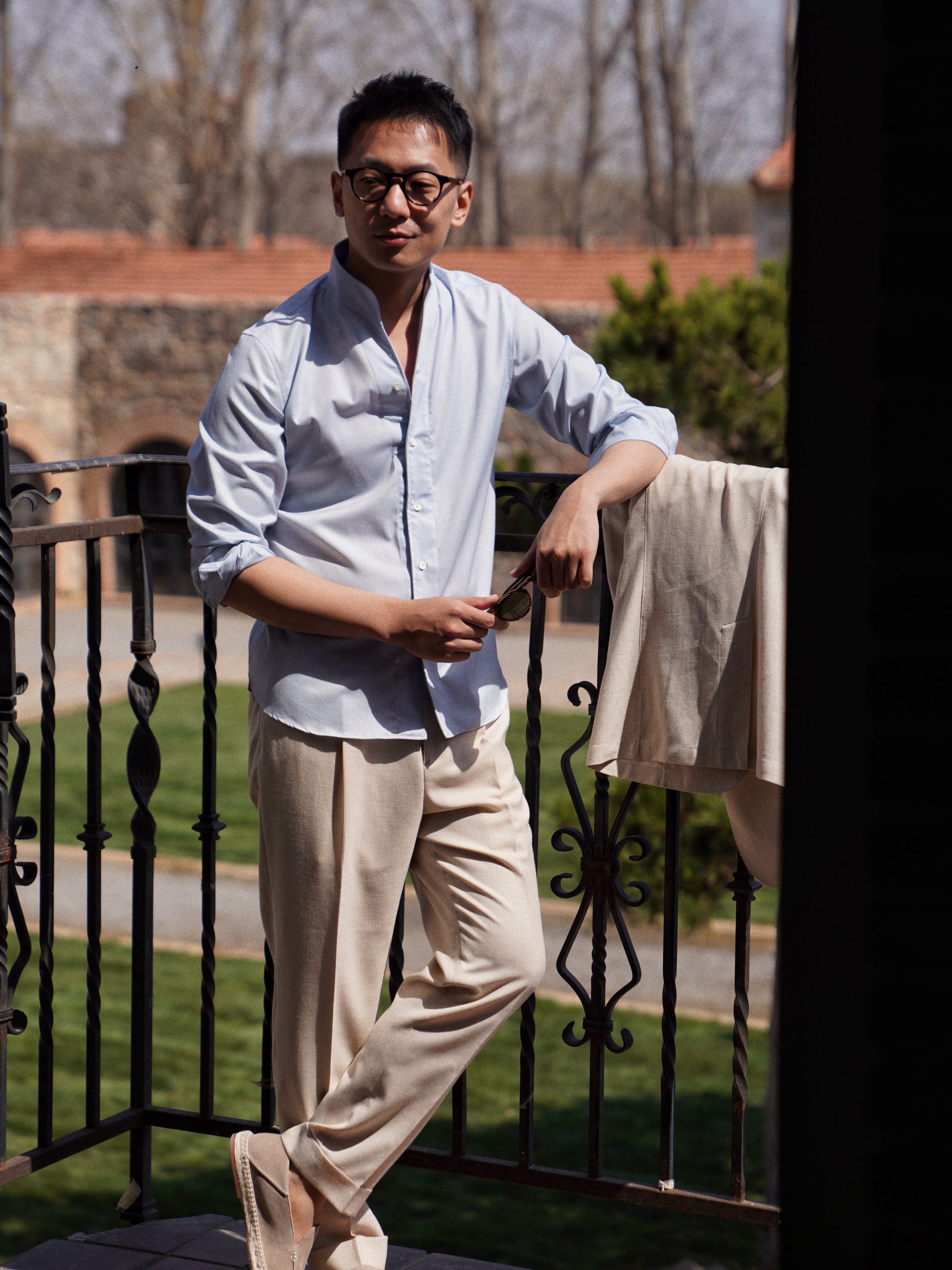 Pinky Blue Mandarin Collar Blending Shirt #DH38